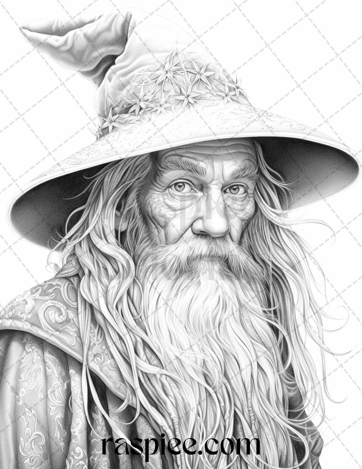 50 Magical Wizard Grayscale Coloring Pages for Adults, Printable PDF File Instant Download