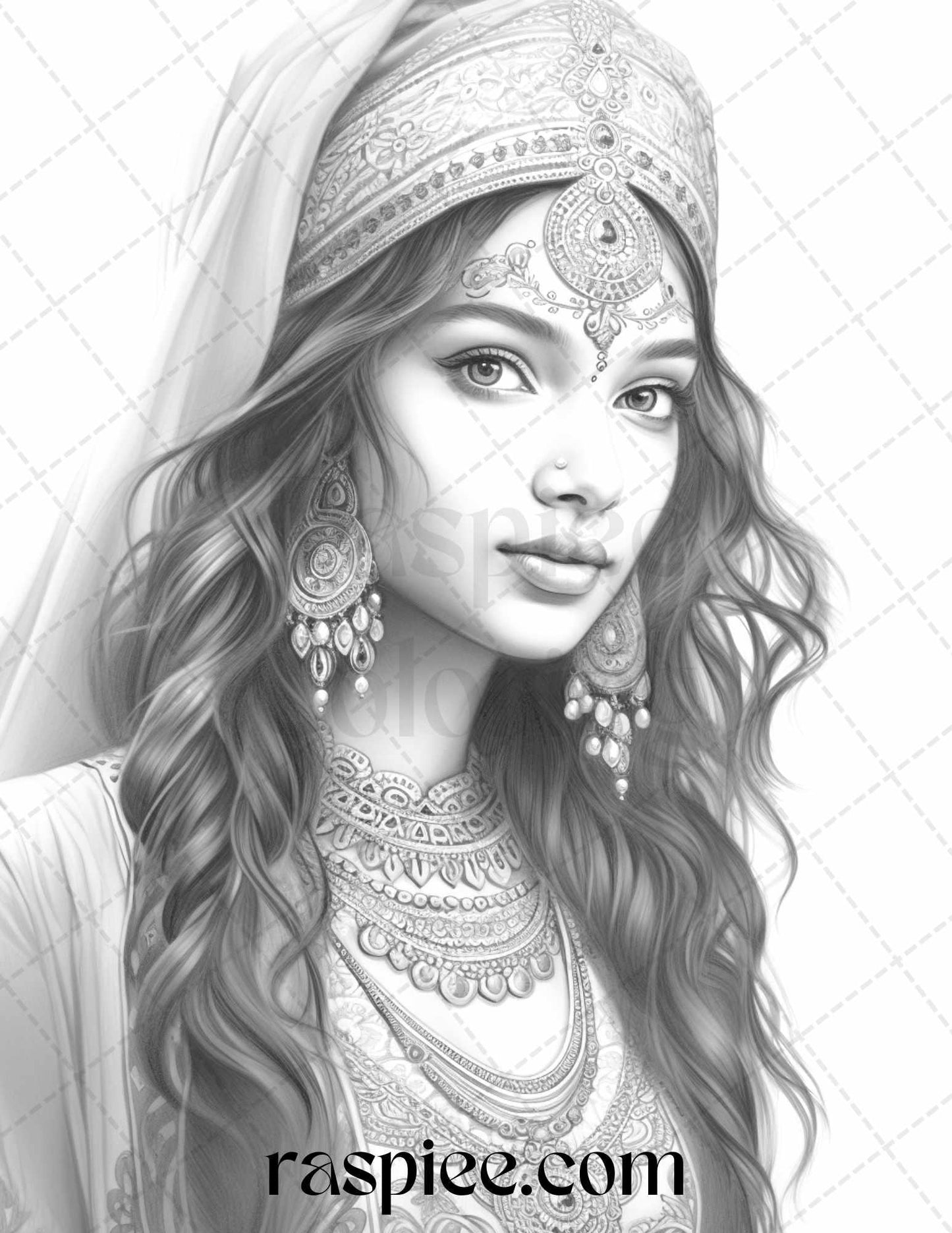 50 Beautiful Indian Women Grayscale Coloring Pages for Adults, Printable PDF File Instant Download