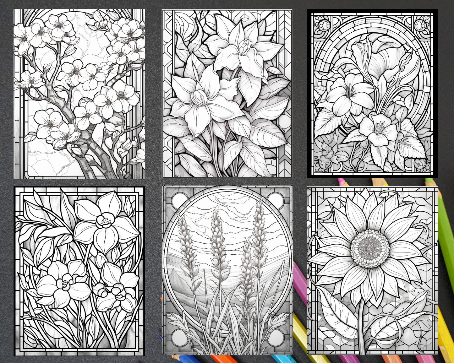 30 Stained Glass Flowers Grayscale Coloring Pages Printable for Adults, PDF File Instant Download