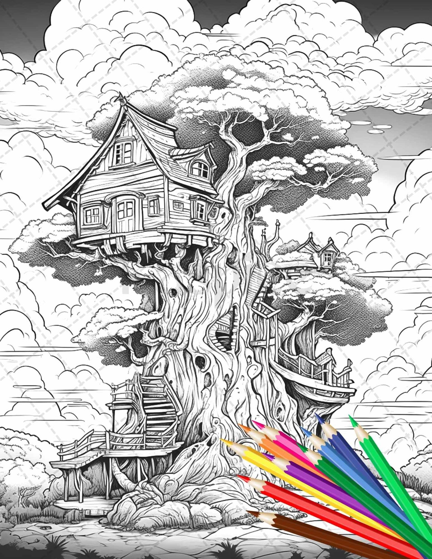 110 Enchanted Treehouse Coloring Book Printable for Adults, Grayscale Coloring Page, PDF File Instant Download