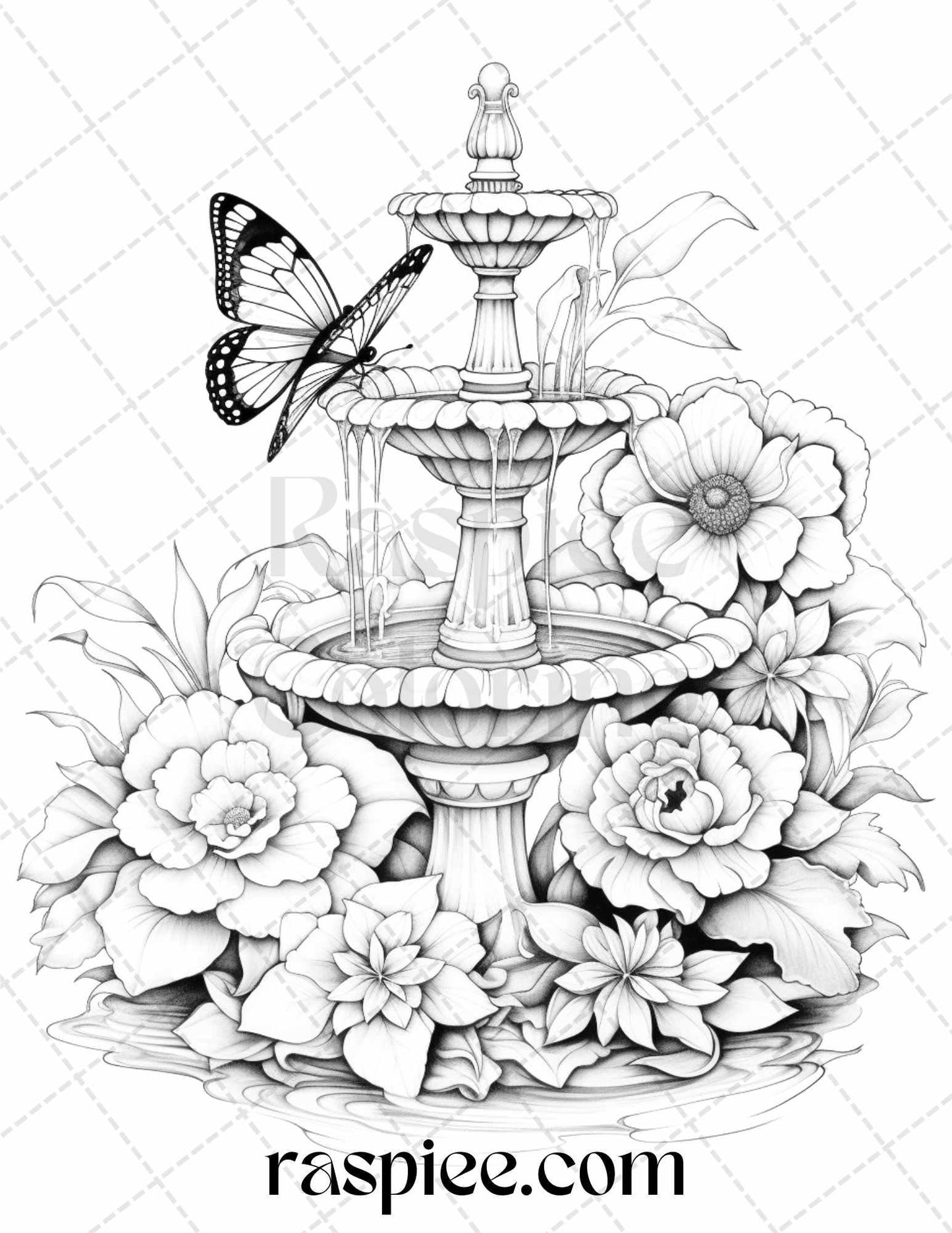 32 Blooming Fountains Grayscale Coloring Pages Printable for Adults, PDF File Instant Download