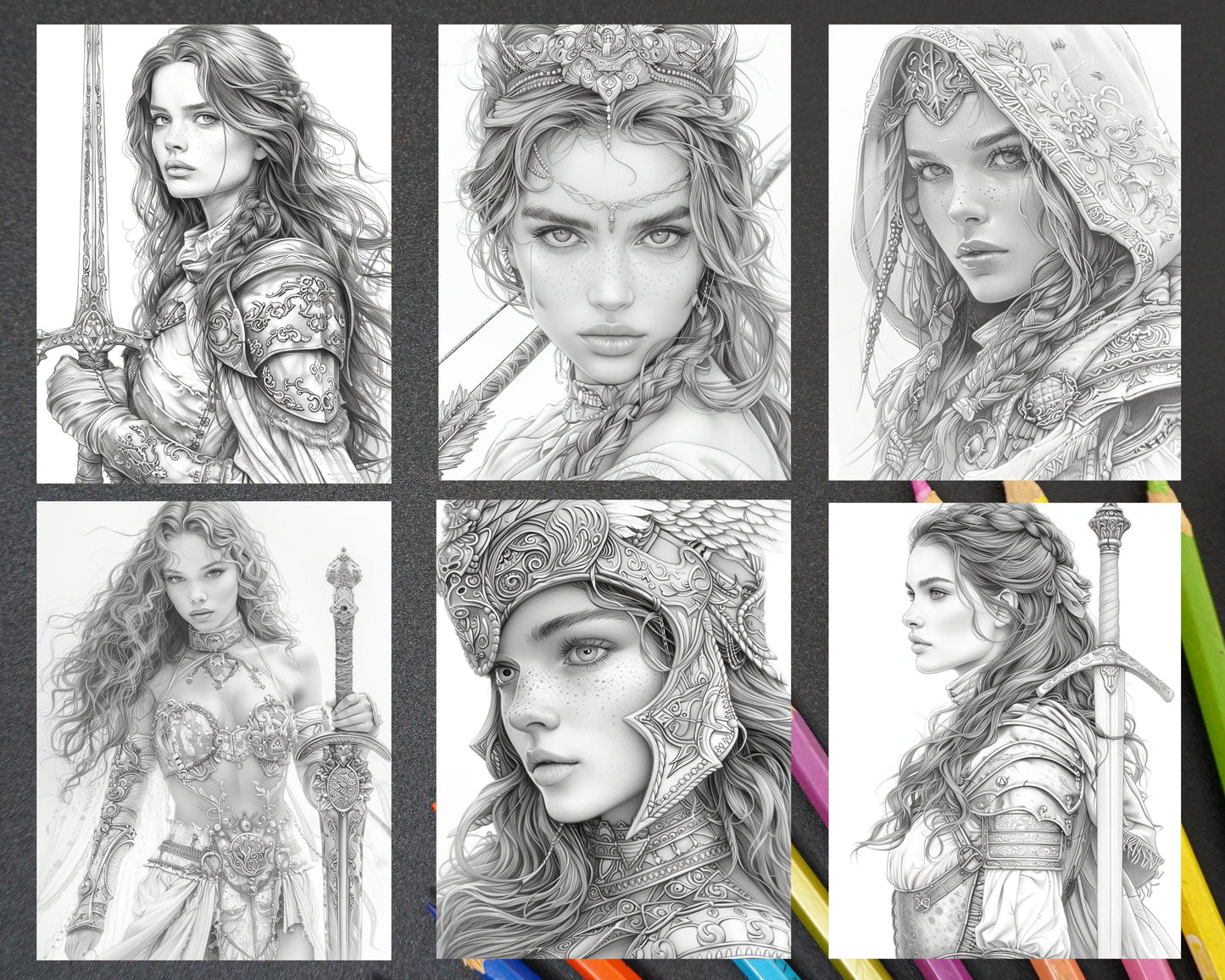 60 Beautiful Warriors Grayscale Adult Coloring Pages, Printable PDF Instant Download