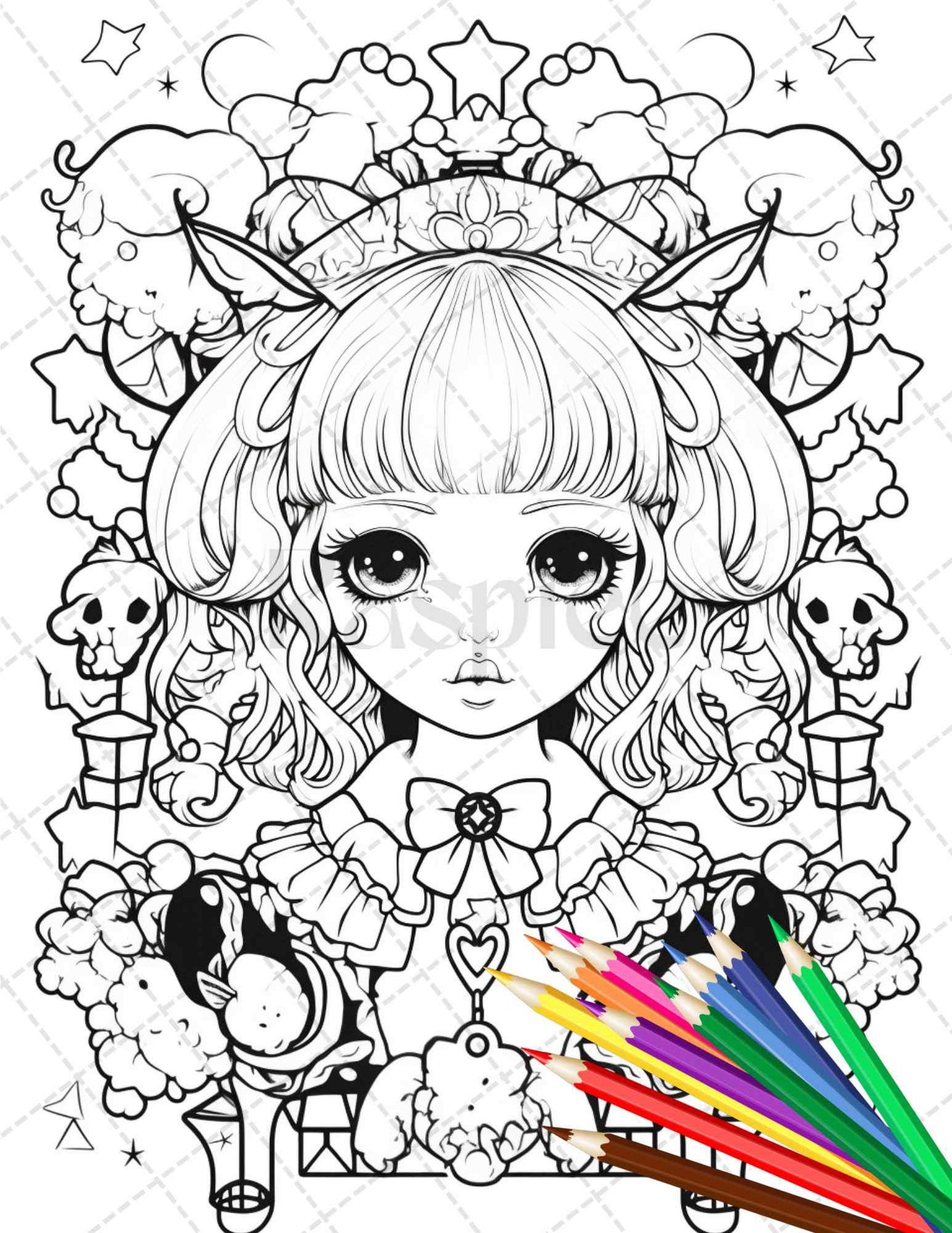 32 Creepy Kawaii Pastel Goth Coloring Pages Printable for Adults, Grayscale Coloring Page, PDF File Instant Download