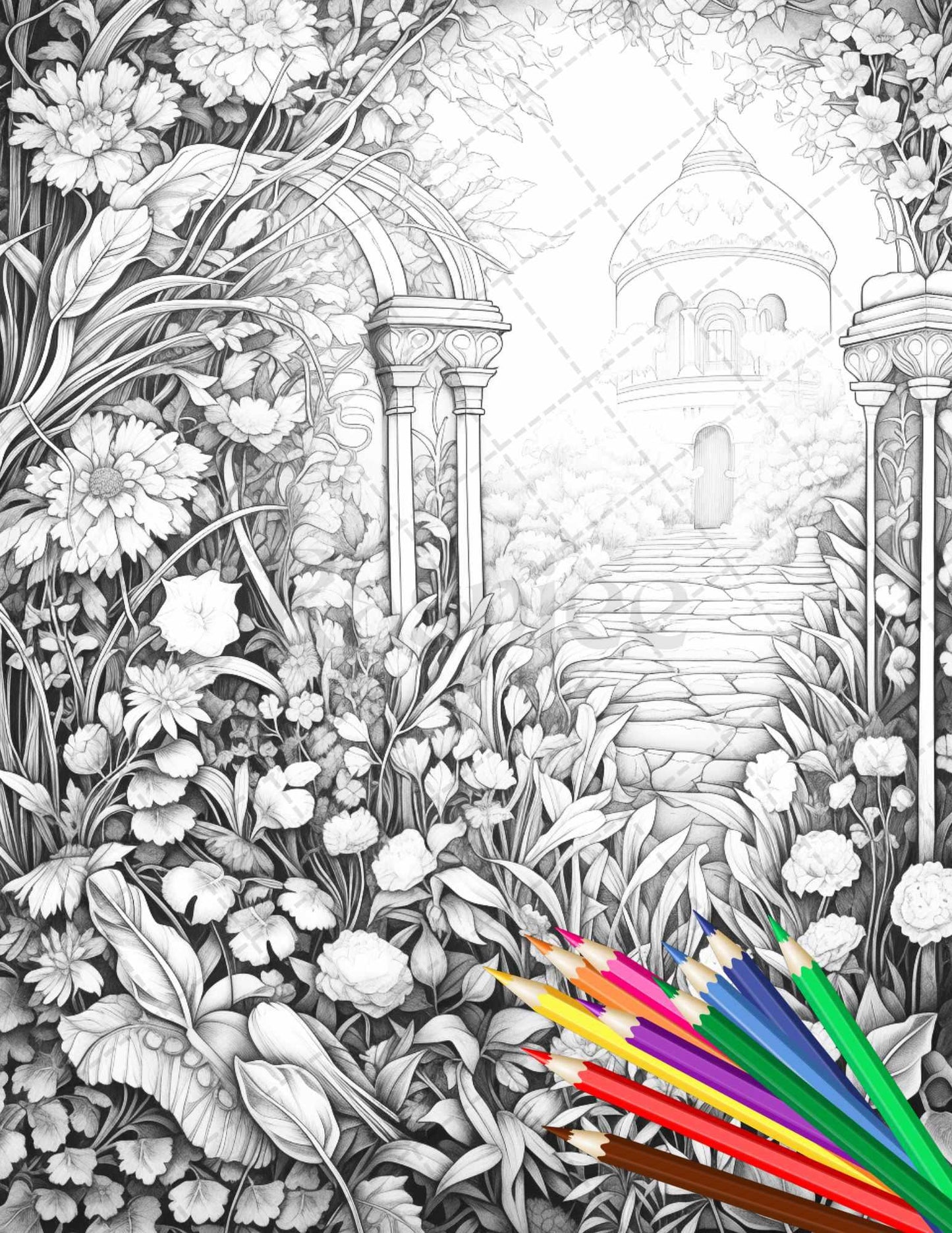 Secret Garden Coloring Pages Printable for Adults, Grayscale Coloring Page, PDF File Instant Download