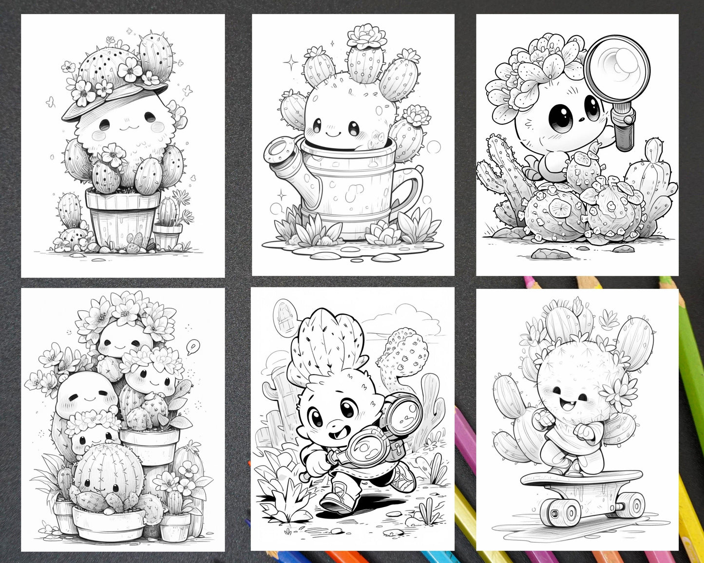 60 Cute Cactus Adventure Grayscale Coloring Pages for Adults, Printable PDF Instant Download
