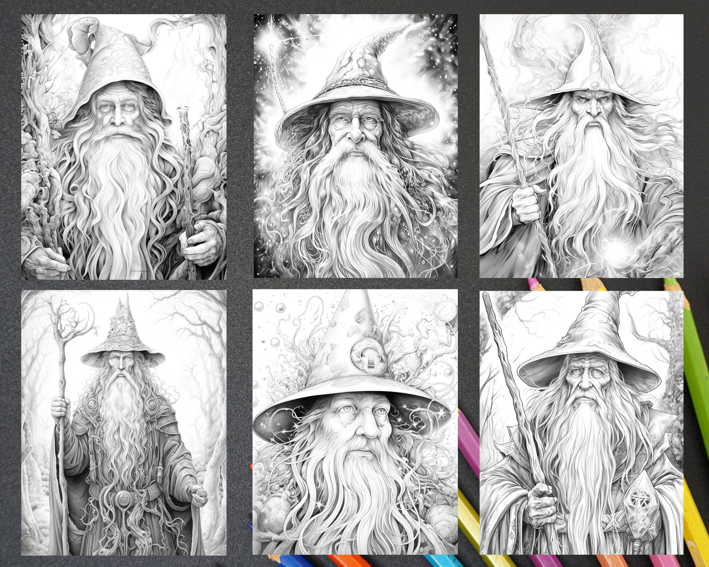 50 Magical Wizard Grayscale Coloring Pages for Adults, Printable PDF File Instant Download