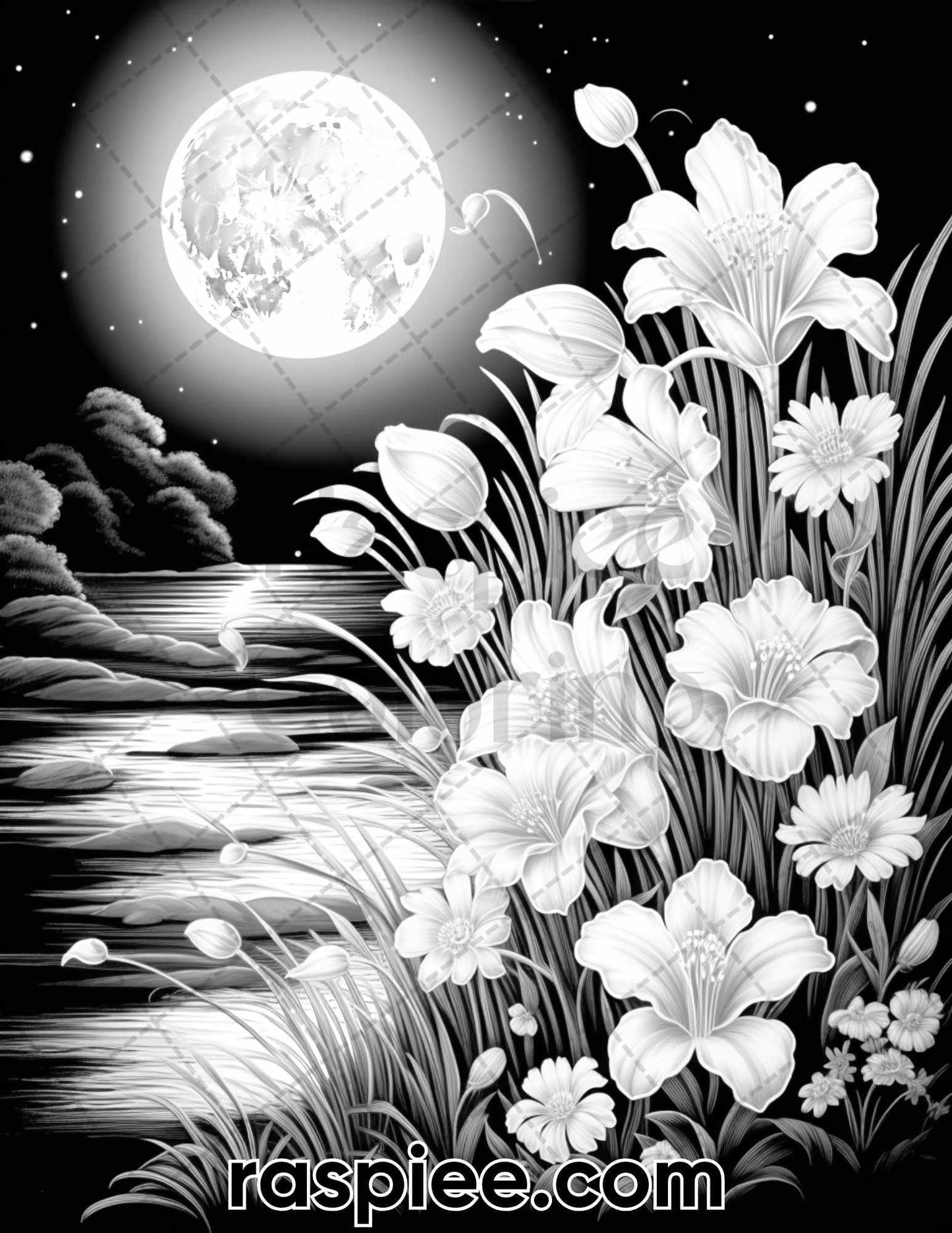 50 Flowers Under Moonlight Grayscale Coloring Pages for Adults, Printable PDF Instant Download