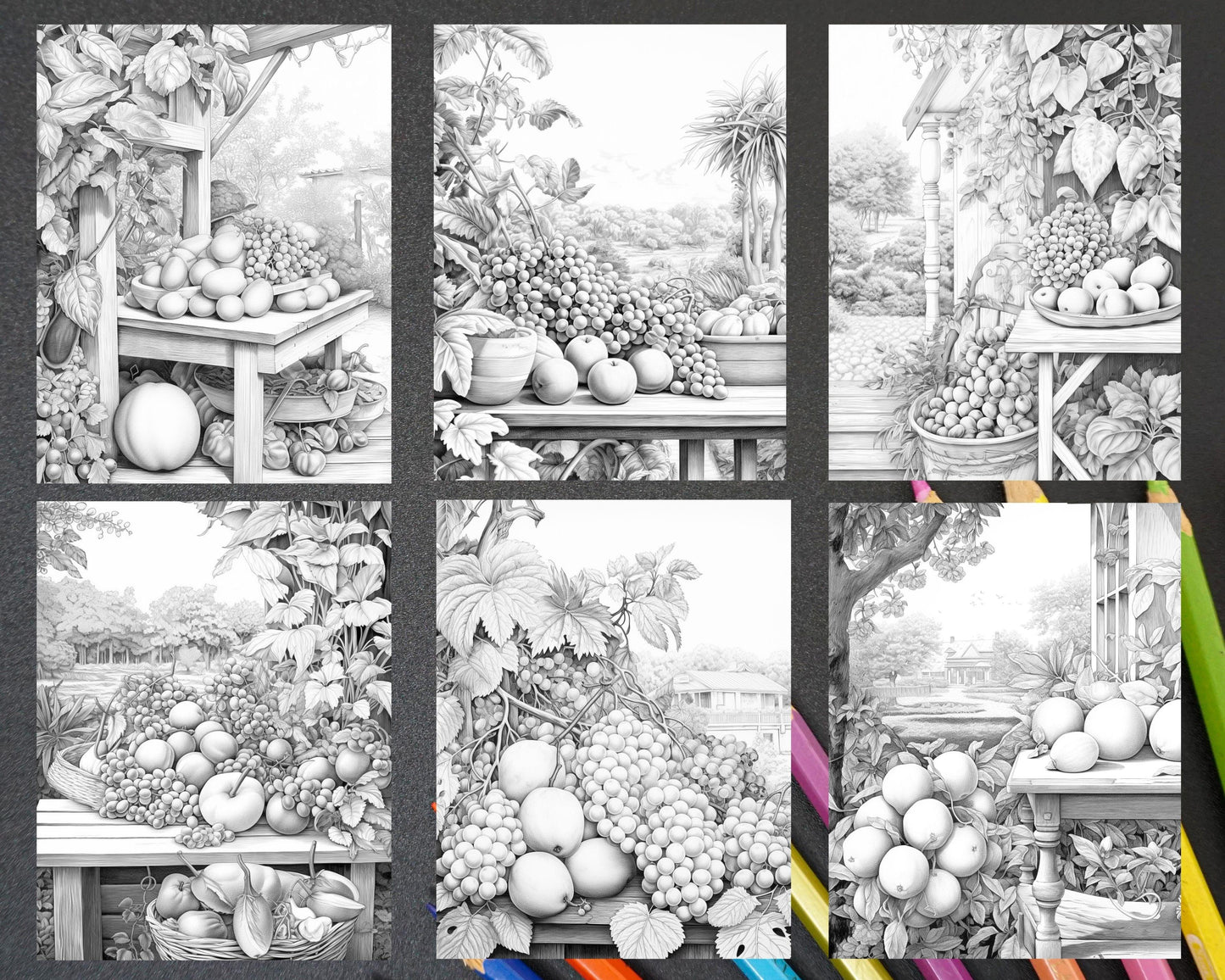 Relaxing Fruit Garden Grayscale Coloring Pages Printable for Adults, PDF File Instant Download
