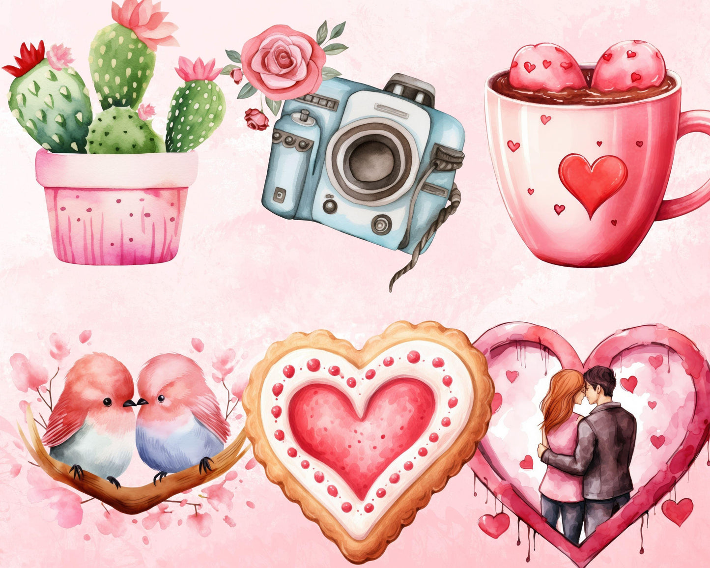 Romantic Watercolor Valentine's Day Clipart Bundle, 73 PNG High-Res Files for Commercial Use