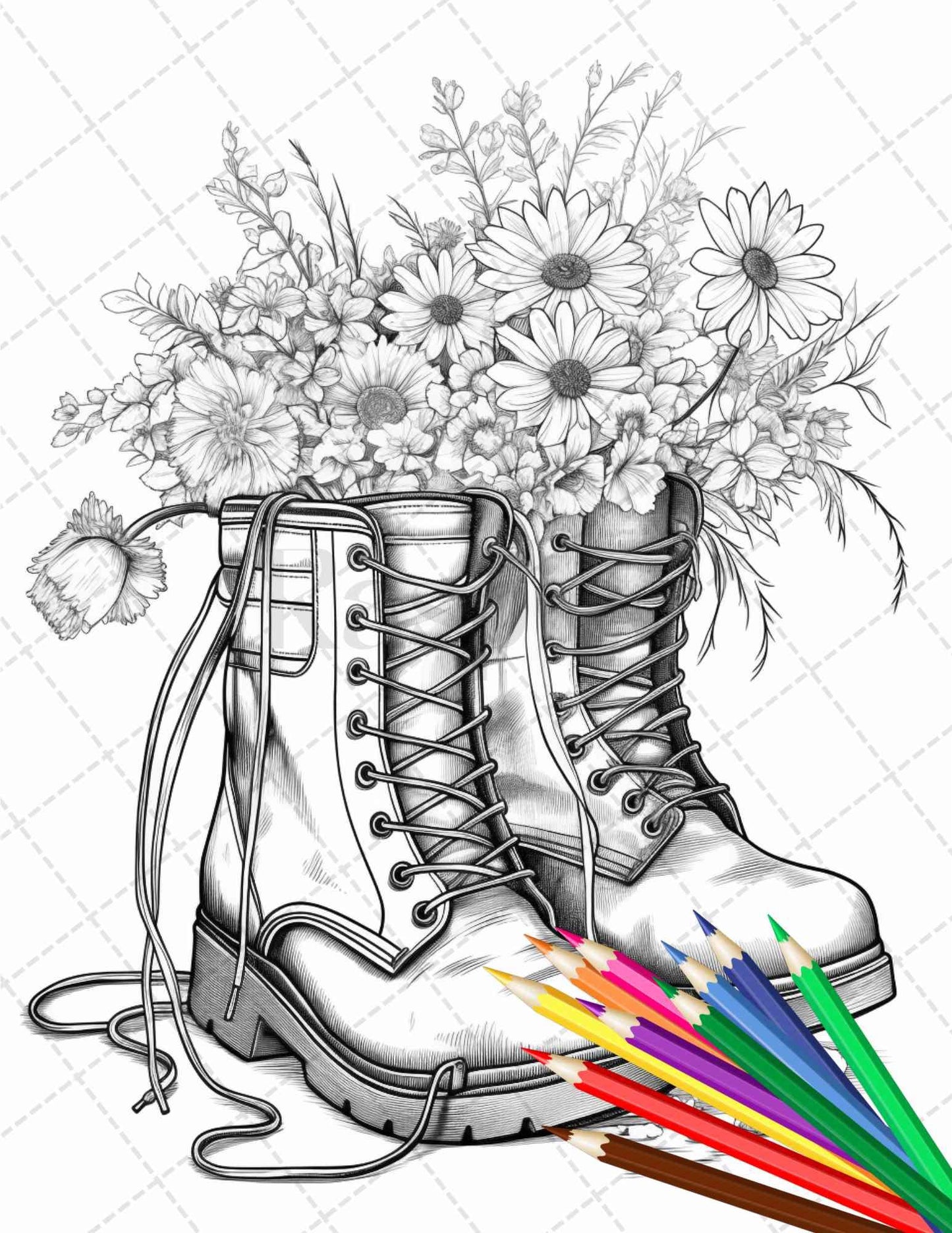 32 Flower Boots Coloring Pages Printable for Adults, Floral Grayscale Coloring Page, PDF File Instant Download
