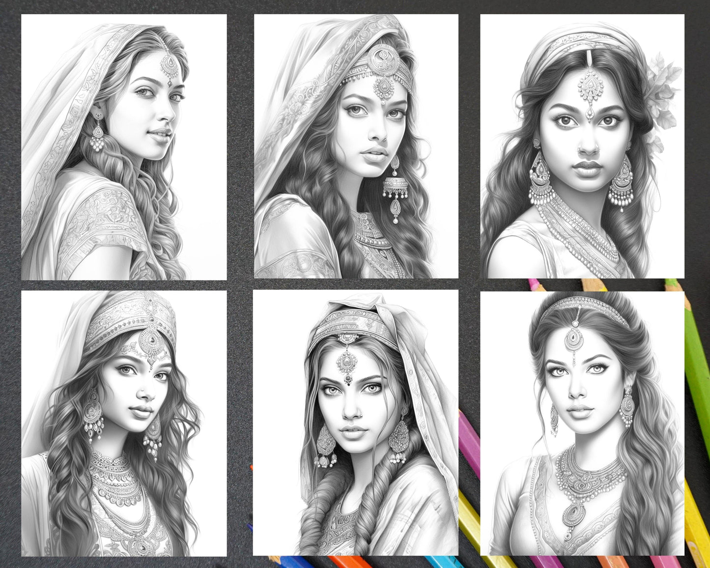 50 Beautiful Indian Women Grayscale Coloring Pages for Adults, Printable PDF File Instant Download