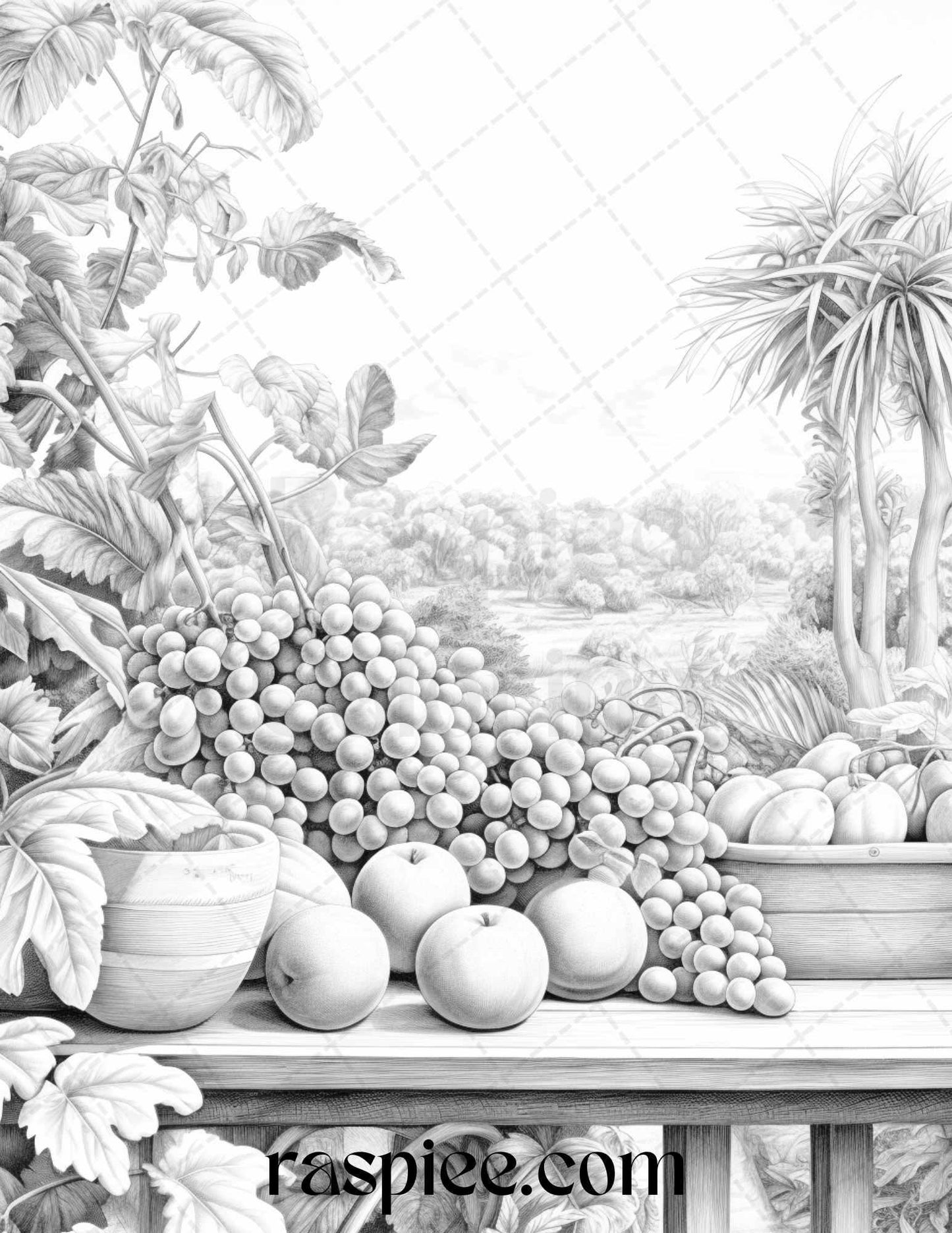 Relaxing Fruit Garden Grayscale Coloring Pages Printable for Adults, PDF File Instant Download