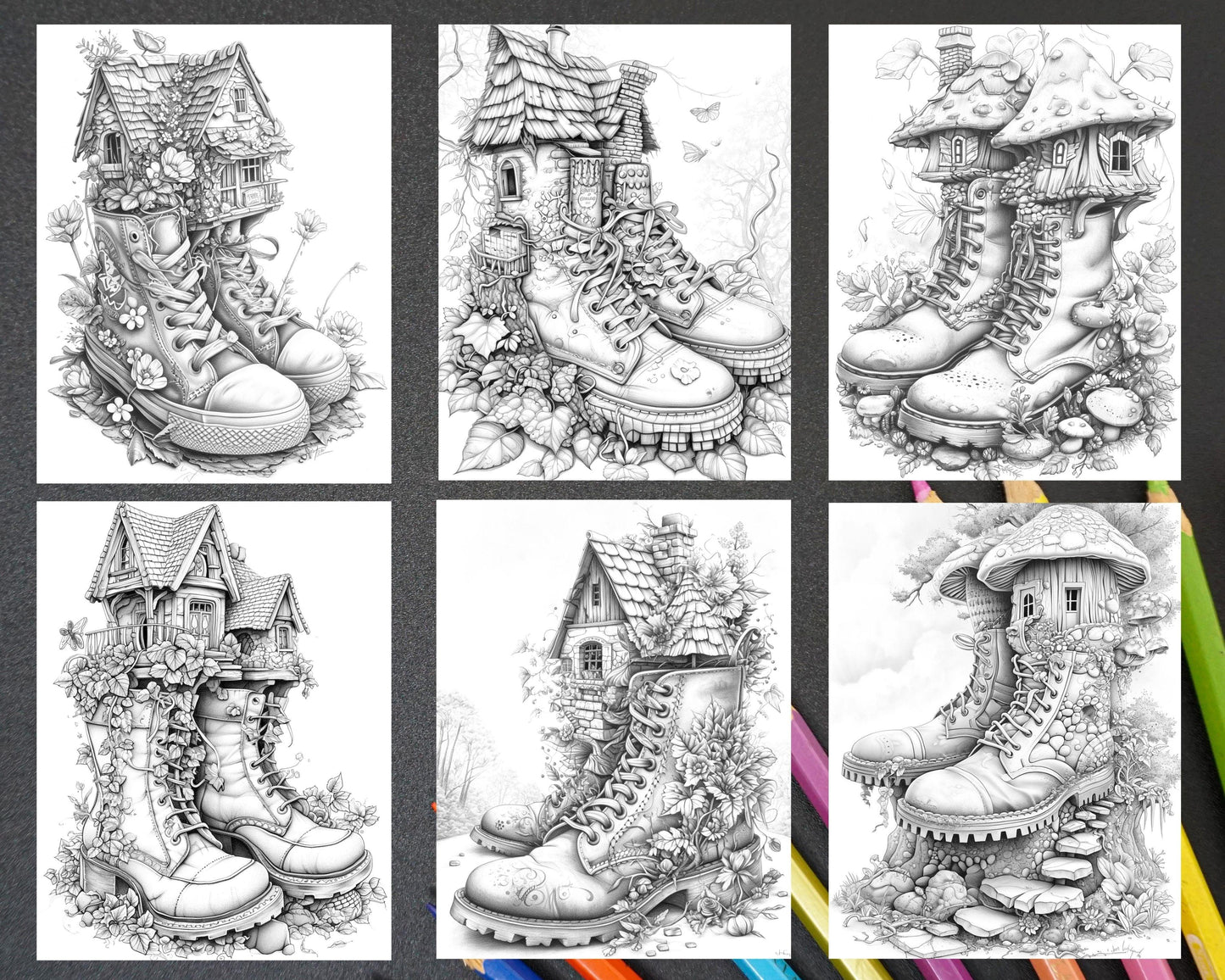 80 Fantasy Shoe House Grayscale Adult Coloring Pages, Printable PDF Instant Download