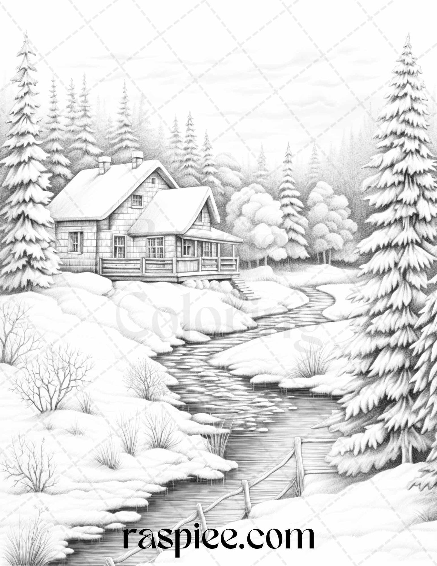 Winter Scenery Grayscale Coloring Pages Printable, Relaxing Snowy Landscapes, PDF File Instant Download