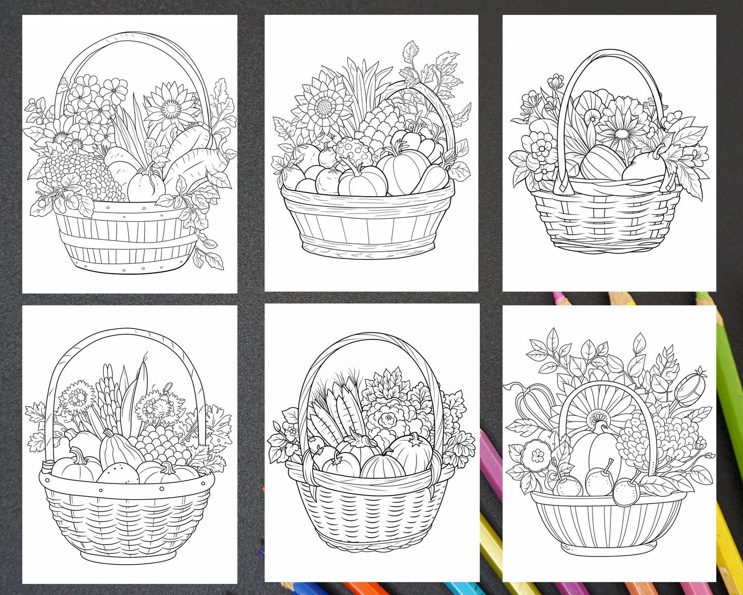 Vegetable Basket Coloring Book for Adults and Kids, 100 Printable Pages PDF Instant Download