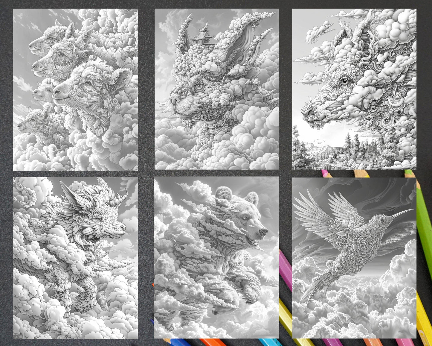 80 Fantasy Animal Cloud Grayscale Adult Coloring Pages, Printable PDF Instant Download