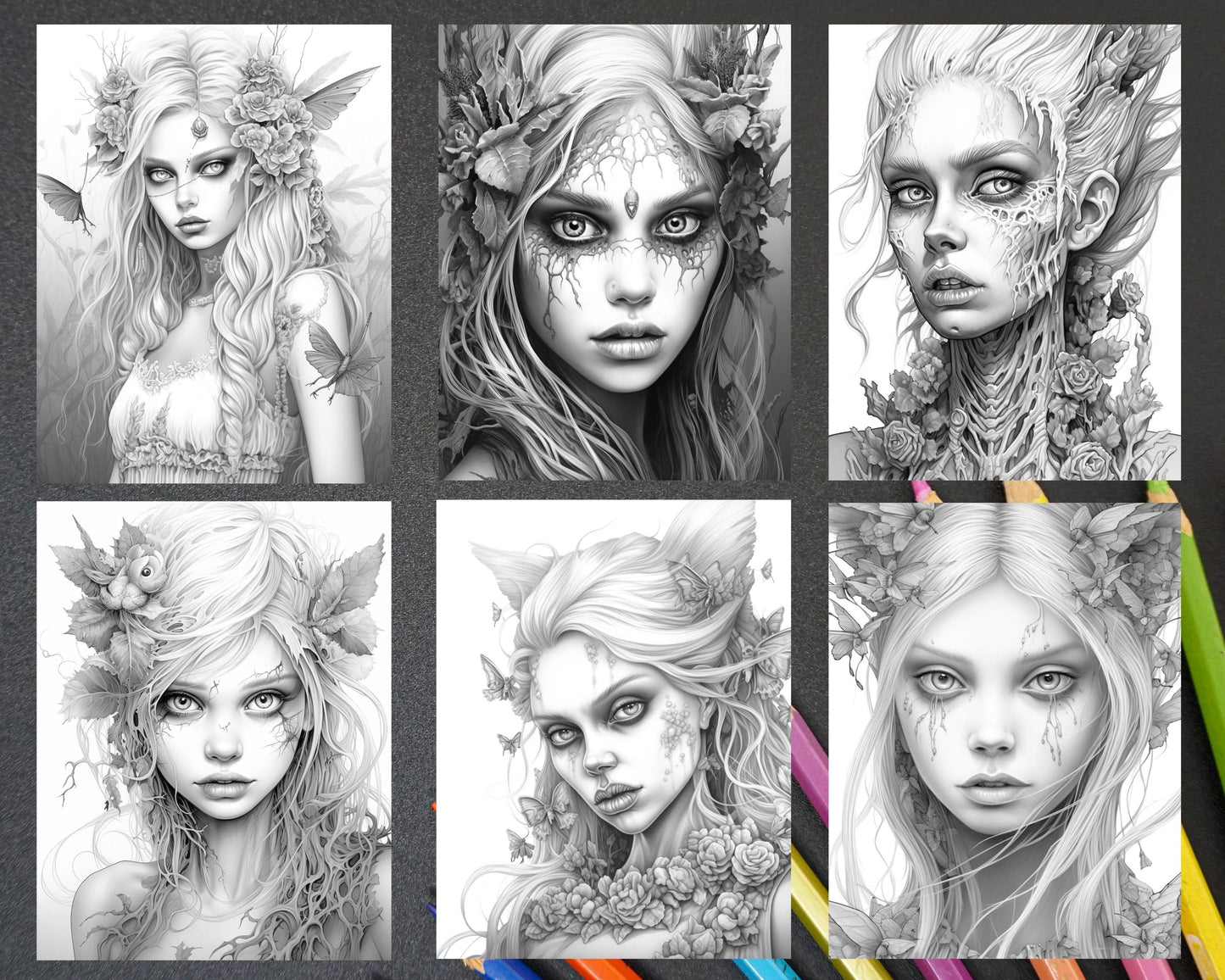 60 Halloween Zombie Fairy Grayscale Coloring Pages Printable for Adults, PDF File Instant Download
