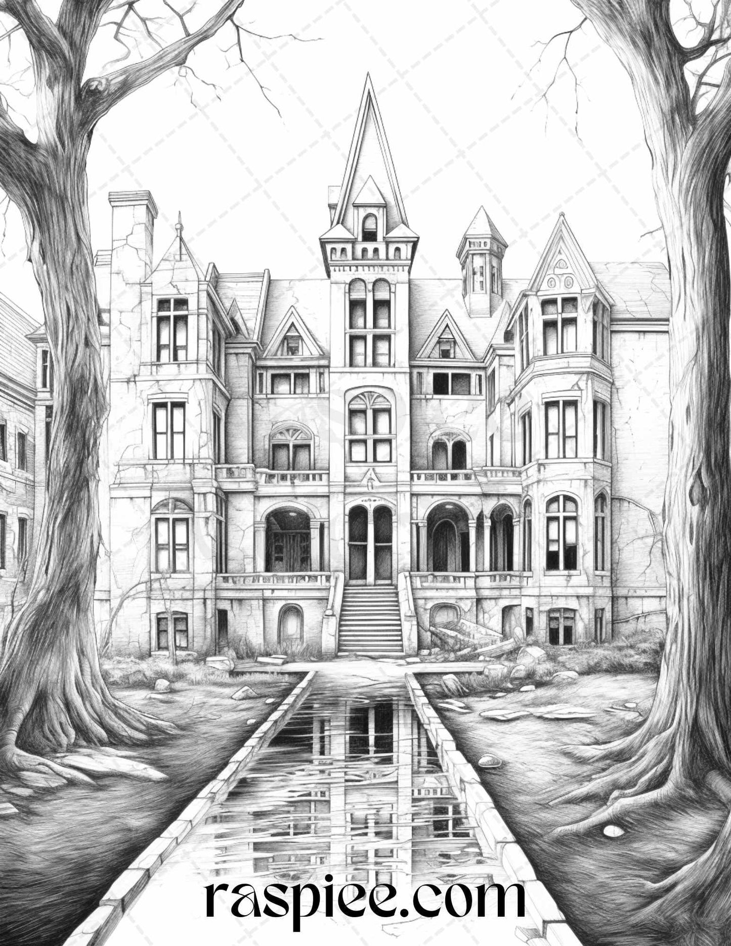 Ghoulish Halloween Grayscale Coloring Pages Printable for Adults, PDF File Instant Download