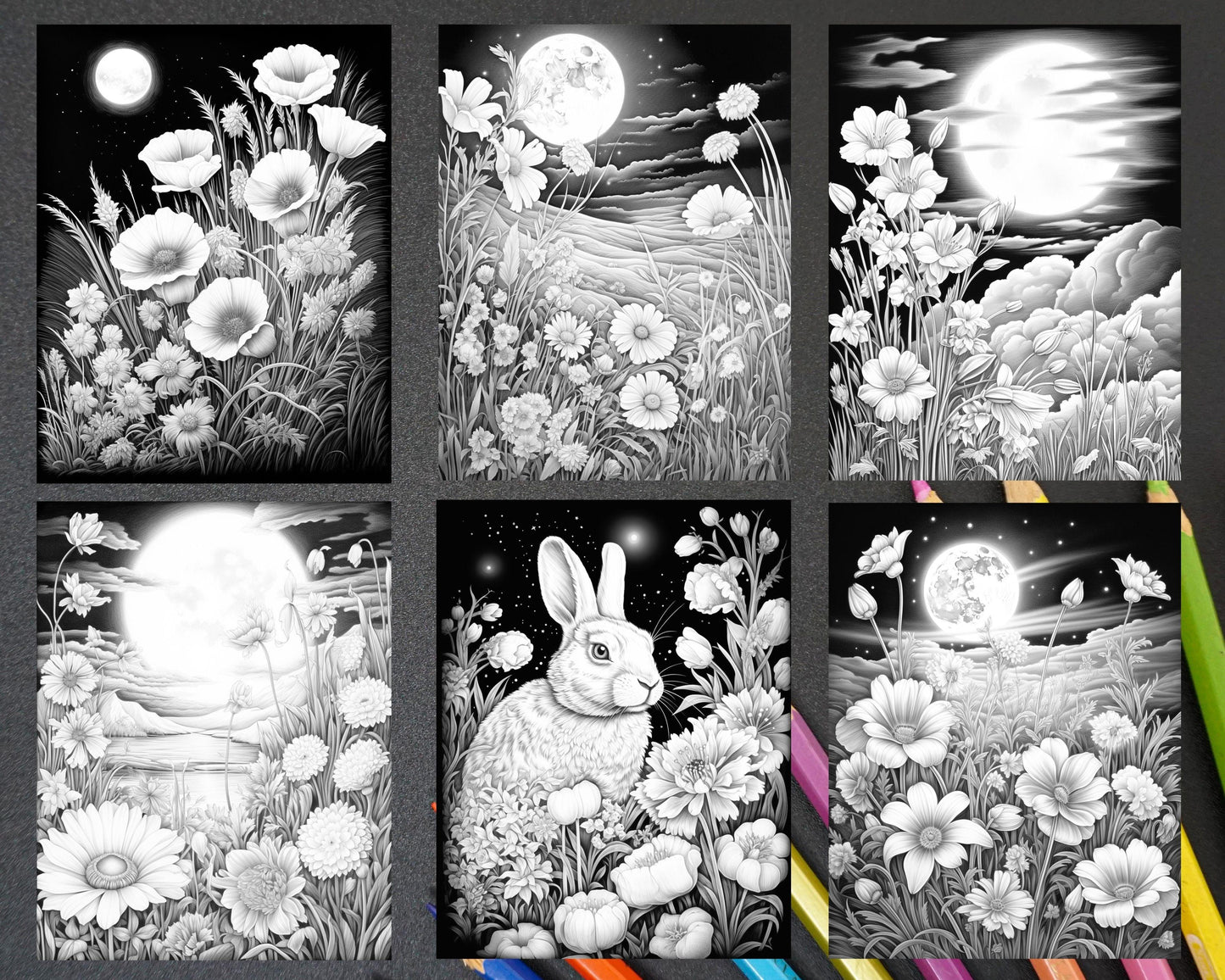 50 Flowers Under Moonlight Grayscale Coloring Pages for Adults, Printable PDF Instant Download
