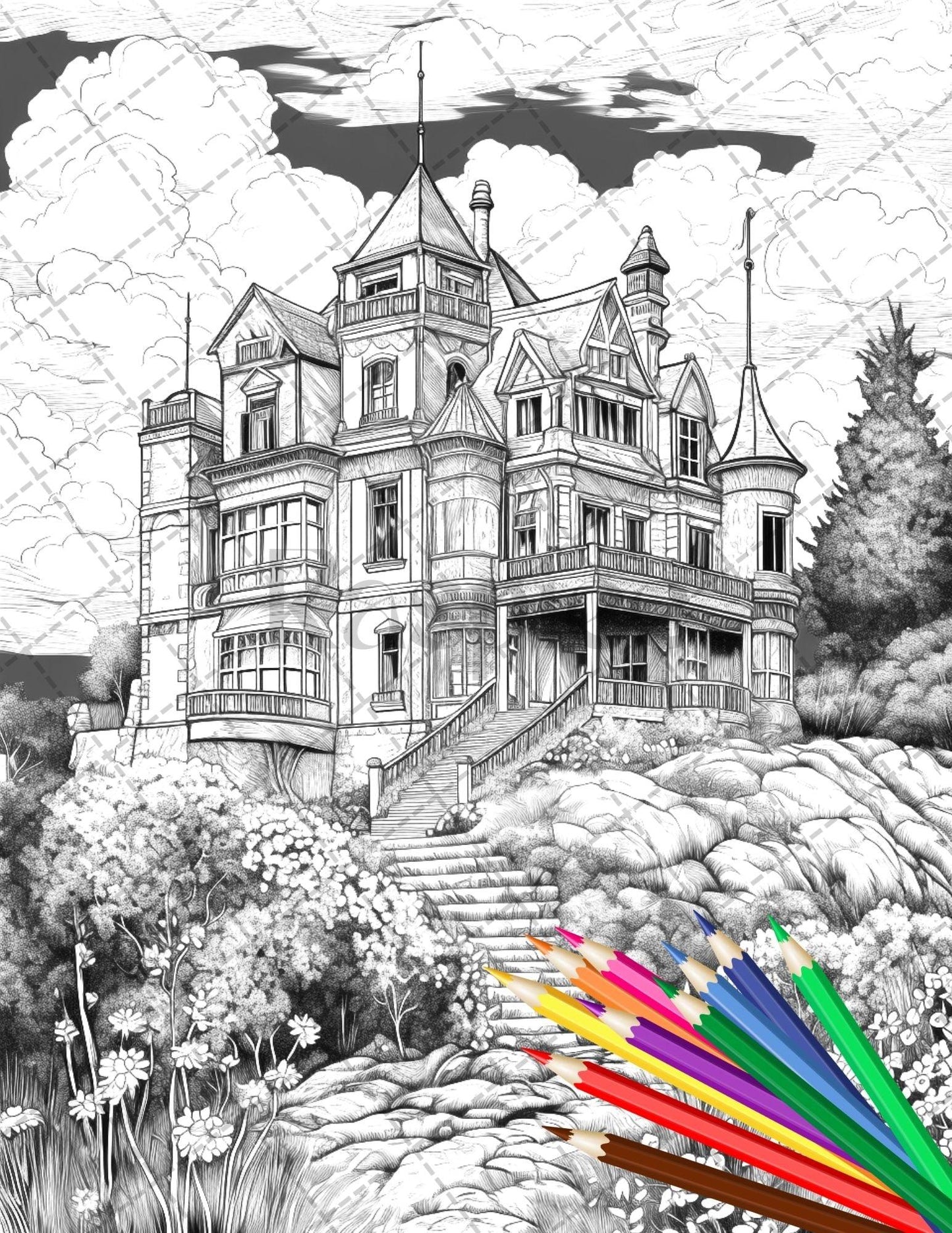 122 Fantasy Castles Coloring Book for Adults, Grayscale Coloring Page, Printable PDF Instant Download