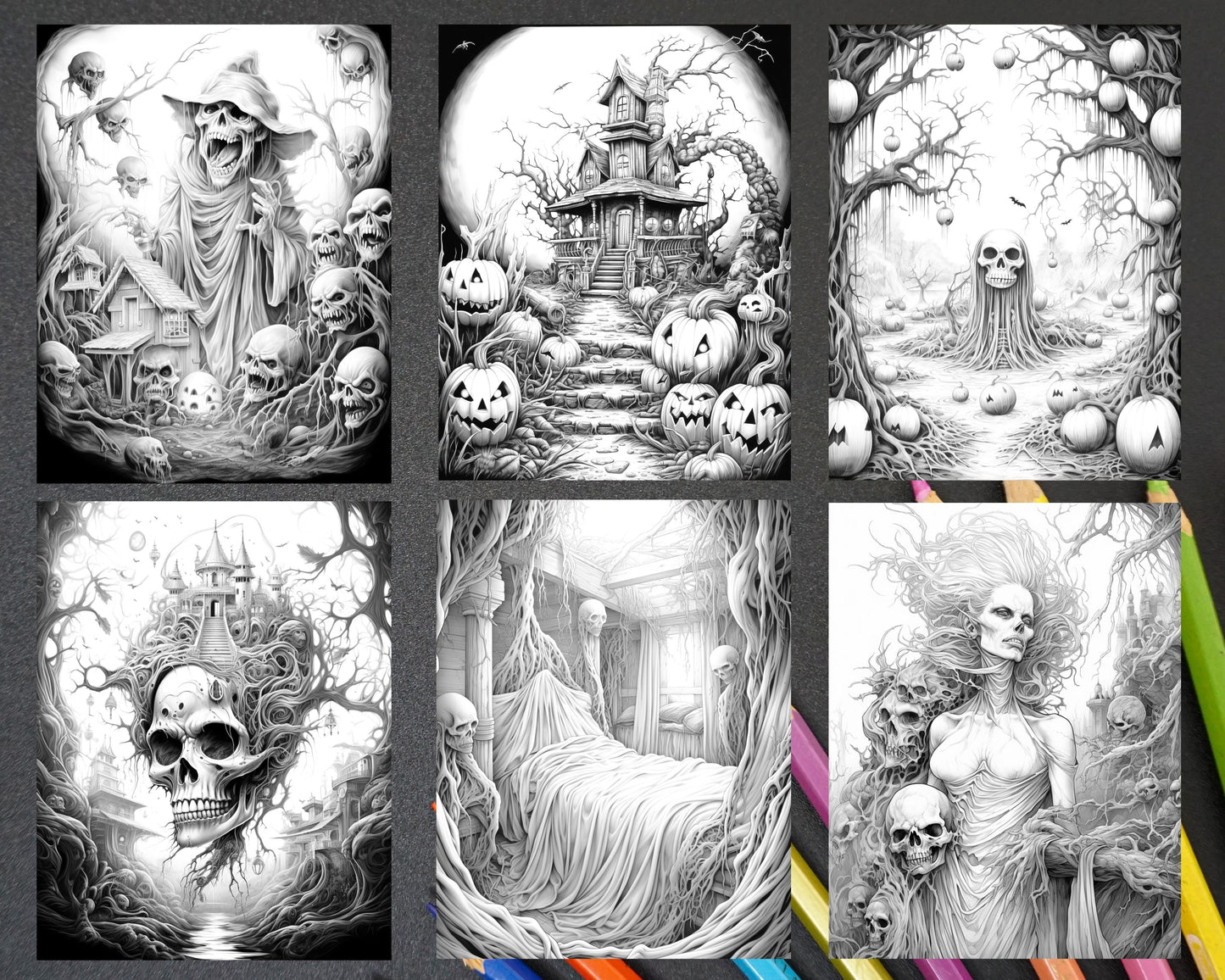 60 Halloween Nightmare Grayscale Coloring Pages Printable for Adults, PDF File Instant Download