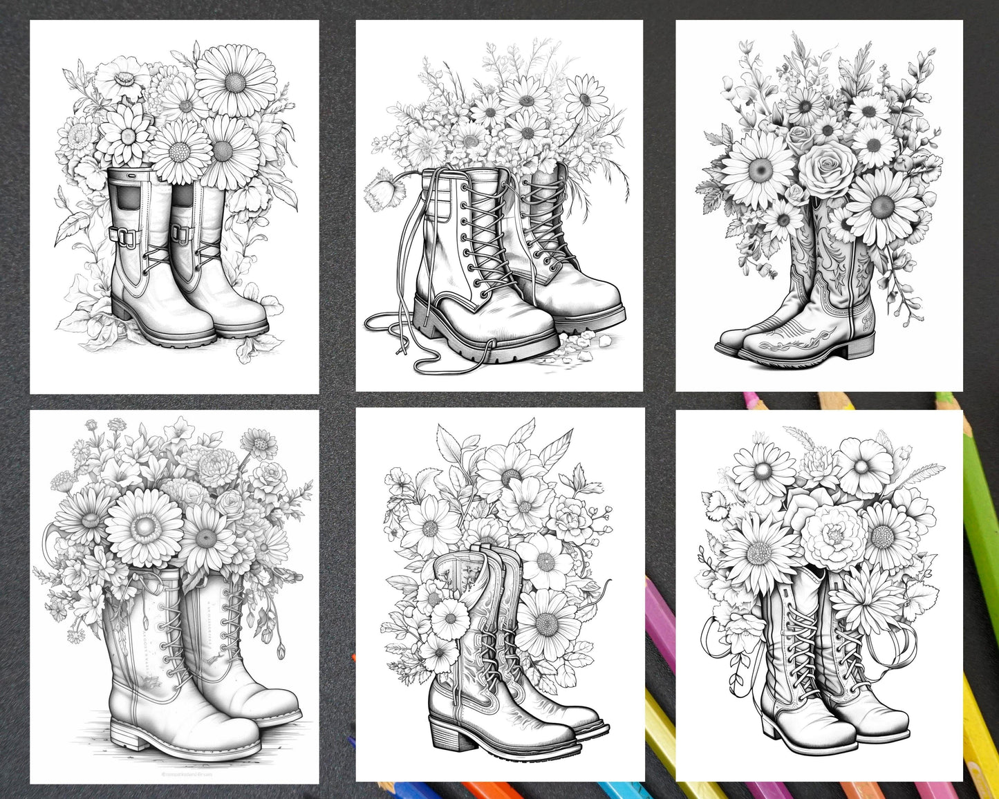 32 Flower Boots Coloring Pages Printable for Adults, Floral Grayscale Coloring Page, PDF File Instant Download