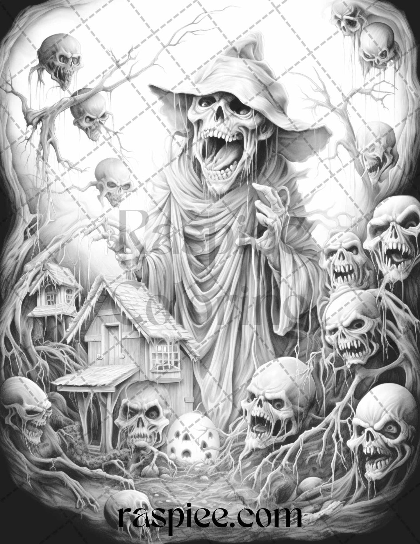 60 Halloween Nightmare Grayscale Coloring Pages Printable for Adults, PDF File Instant Download