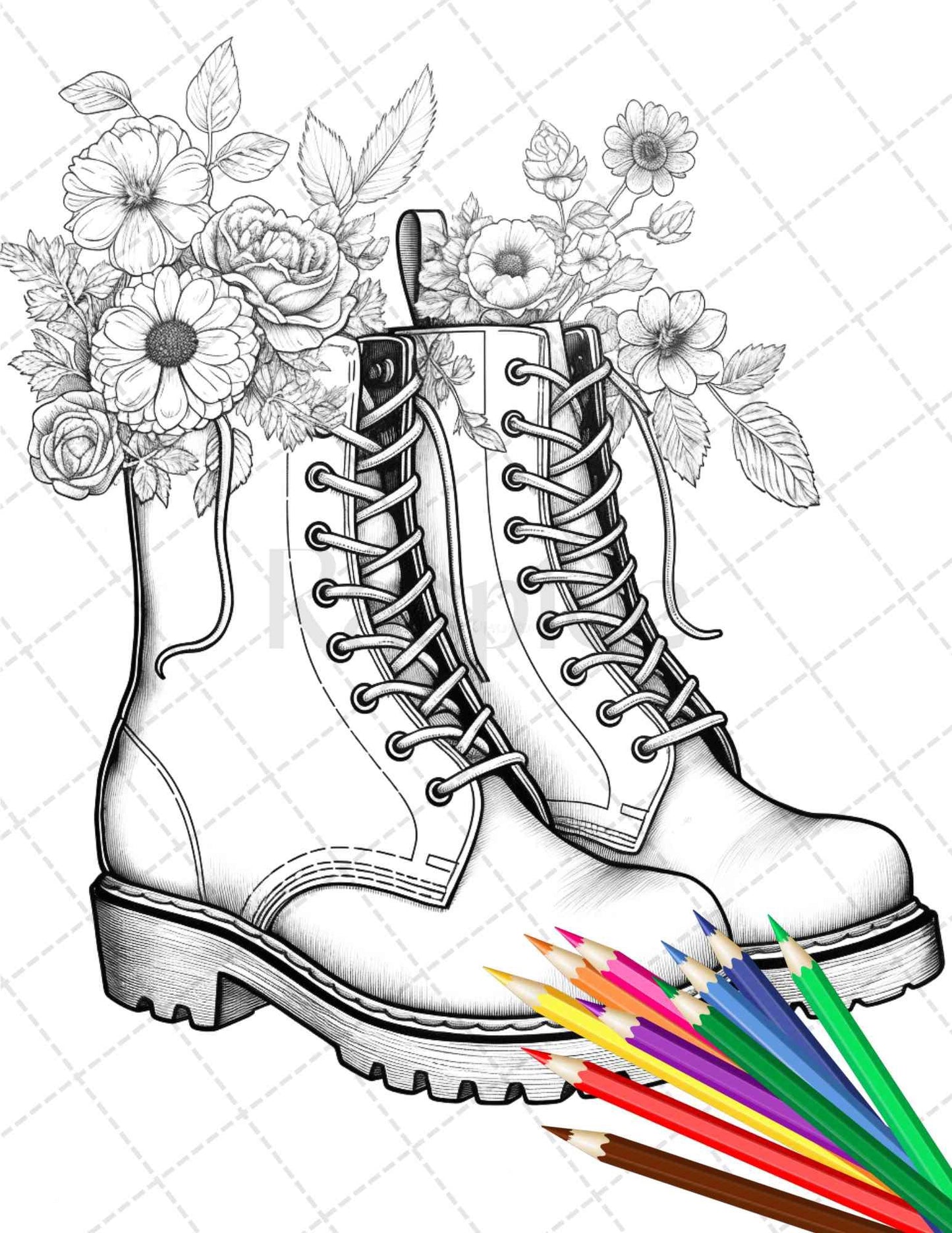 32 Flower Boots Coloring Pages Printable for Adults, Floral Grayscale Coloring Page, PDF File Instant Download