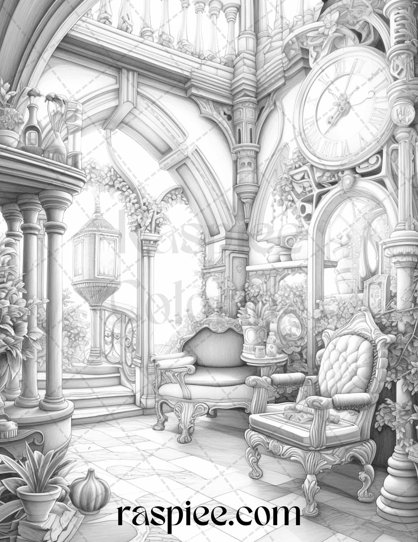 Fantasy Interior Grayscale Coloring Pages for Adults, Printable PDF File Instant Download