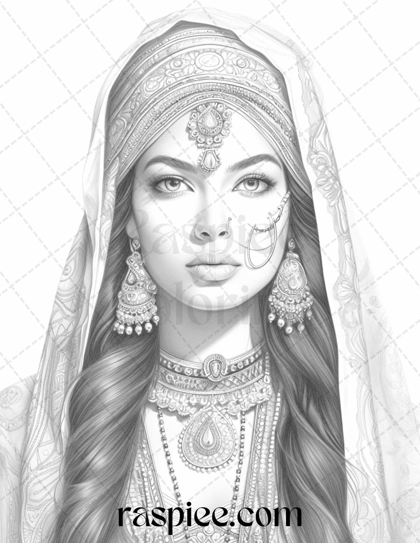 50 Beautiful Indian Women Grayscale Coloring Pages for Adults, Printable PDF File Instant Download