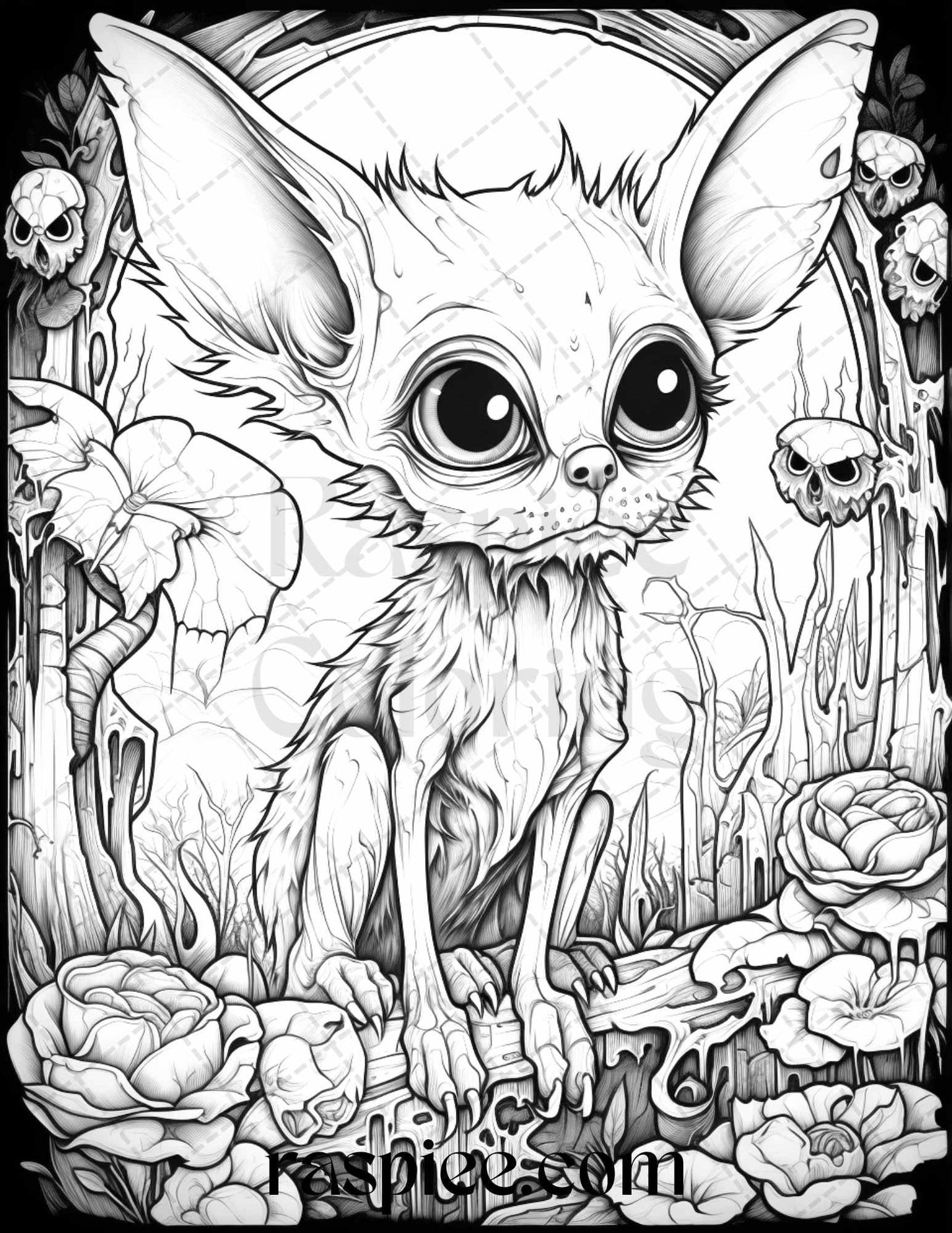 50 Halloween Scary Animals Grayscale Coloring Pages Printable for Adults, PDF File Instant Download