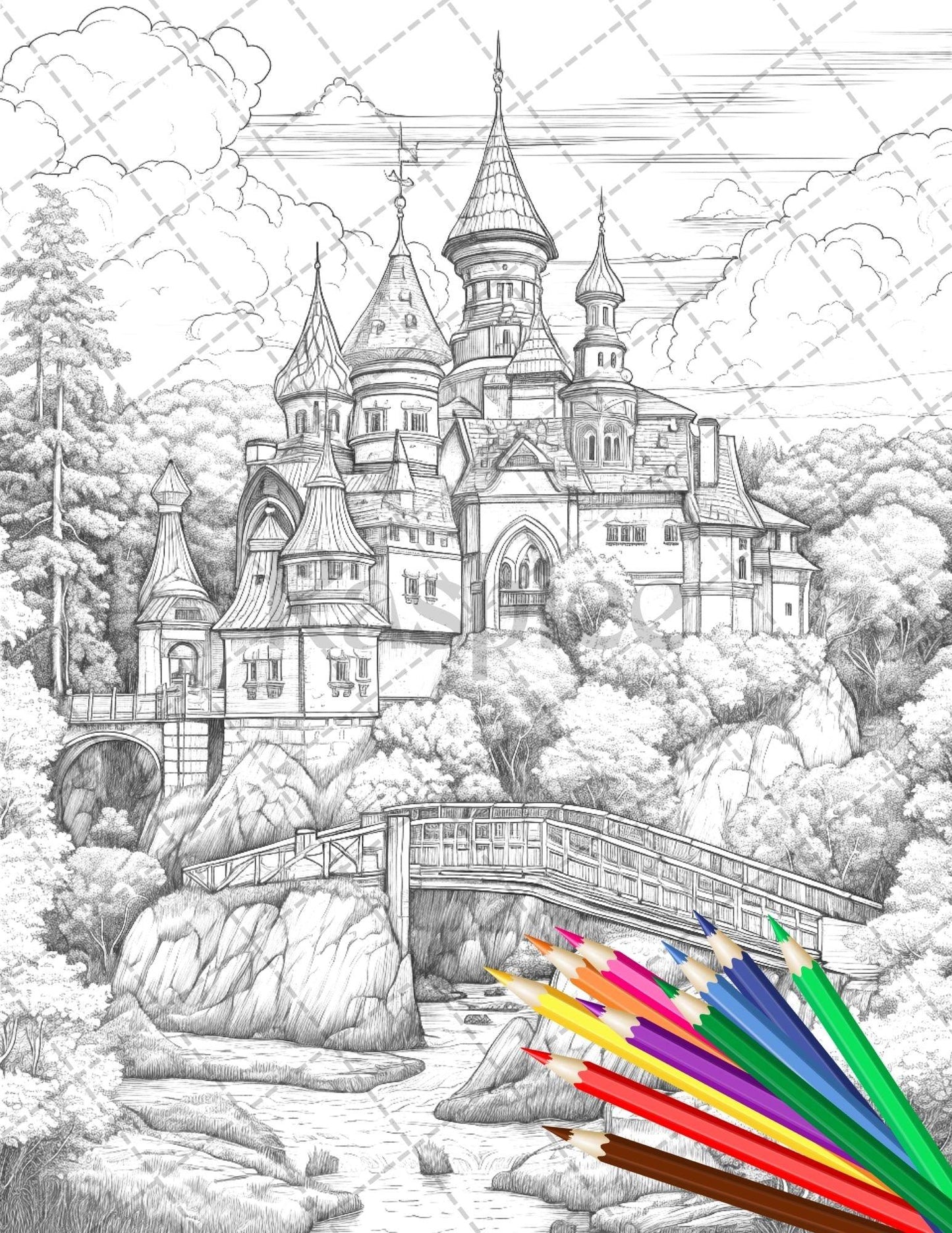 122 Fantasy Castles Coloring Book for Adults, Grayscale Coloring Page, Printable PDF Instant Download