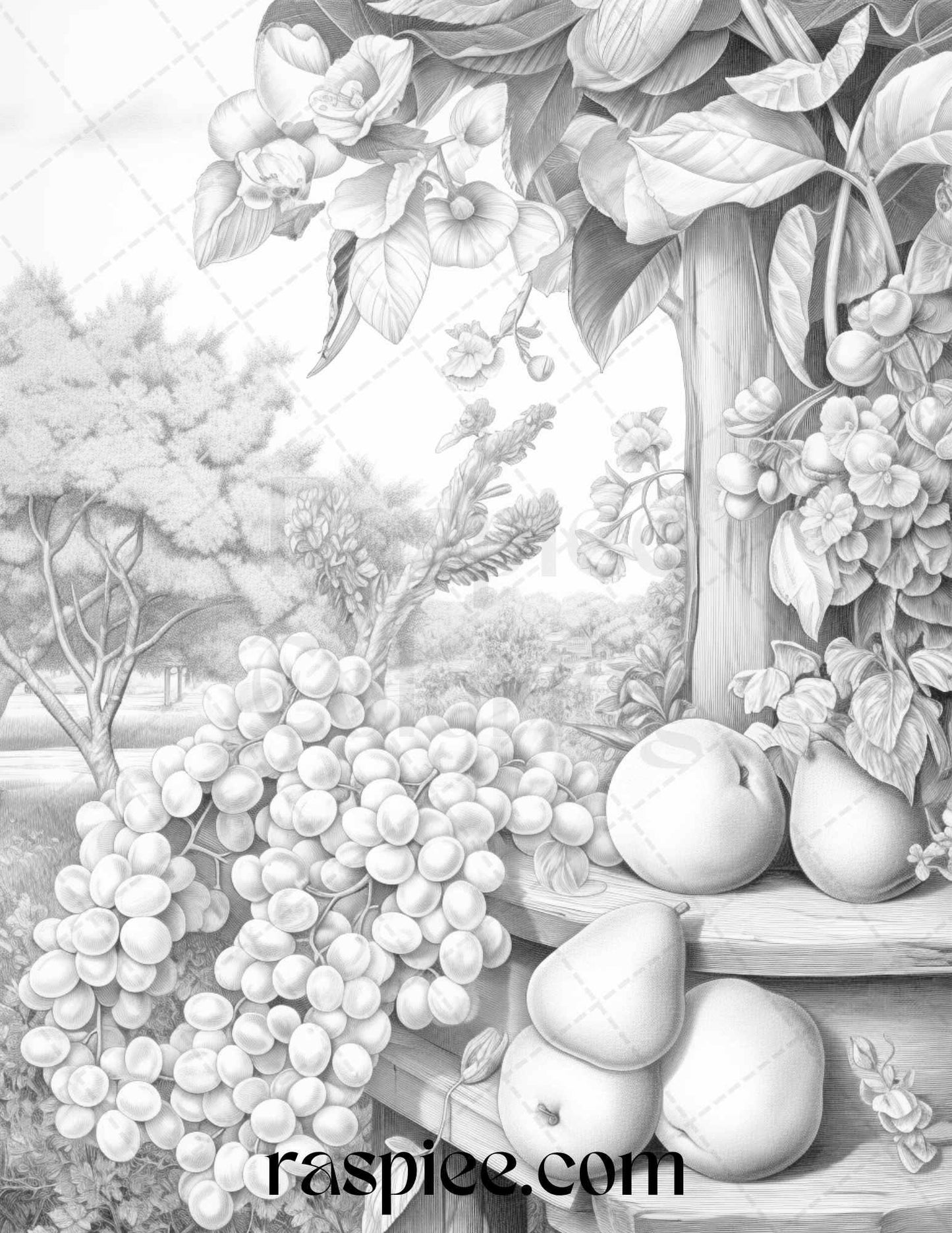 Relaxing Fruit Garden Grayscale Coloring Pages Printable for Adults, PDF File Instant Download