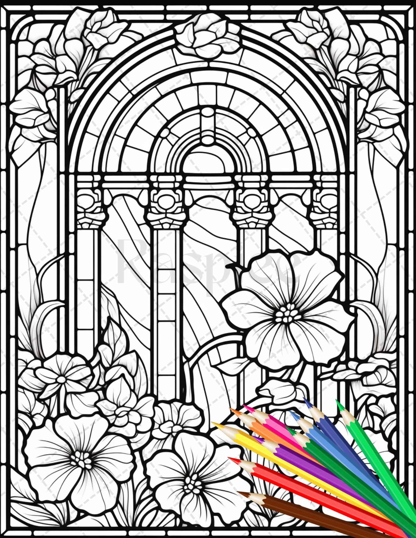 30 Stained Glass Flowers Grayscale Coloring Pages Printable for Adults, PDF File Instant Download