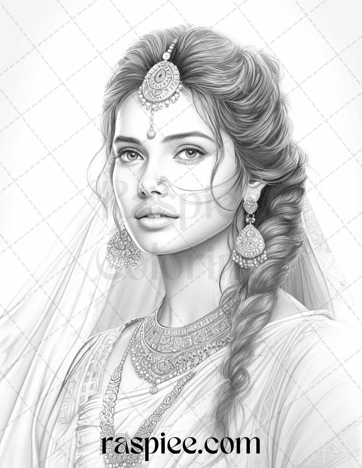 50 Beautiful Indian Women Grayscale Coloring Pages for Adults, Printable PDF File Instant Download