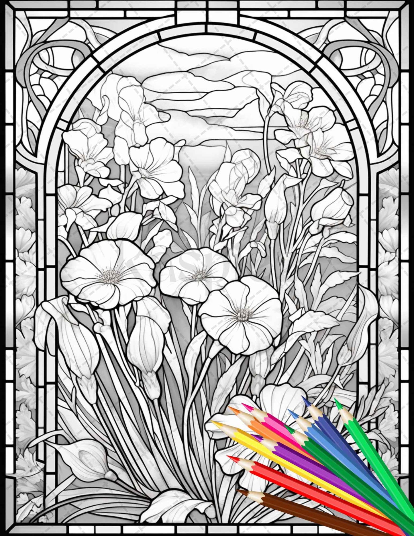 30 Stained Glass Flowers Grayscale Coloring Pages Printable for Adults, PDF File Instant Download