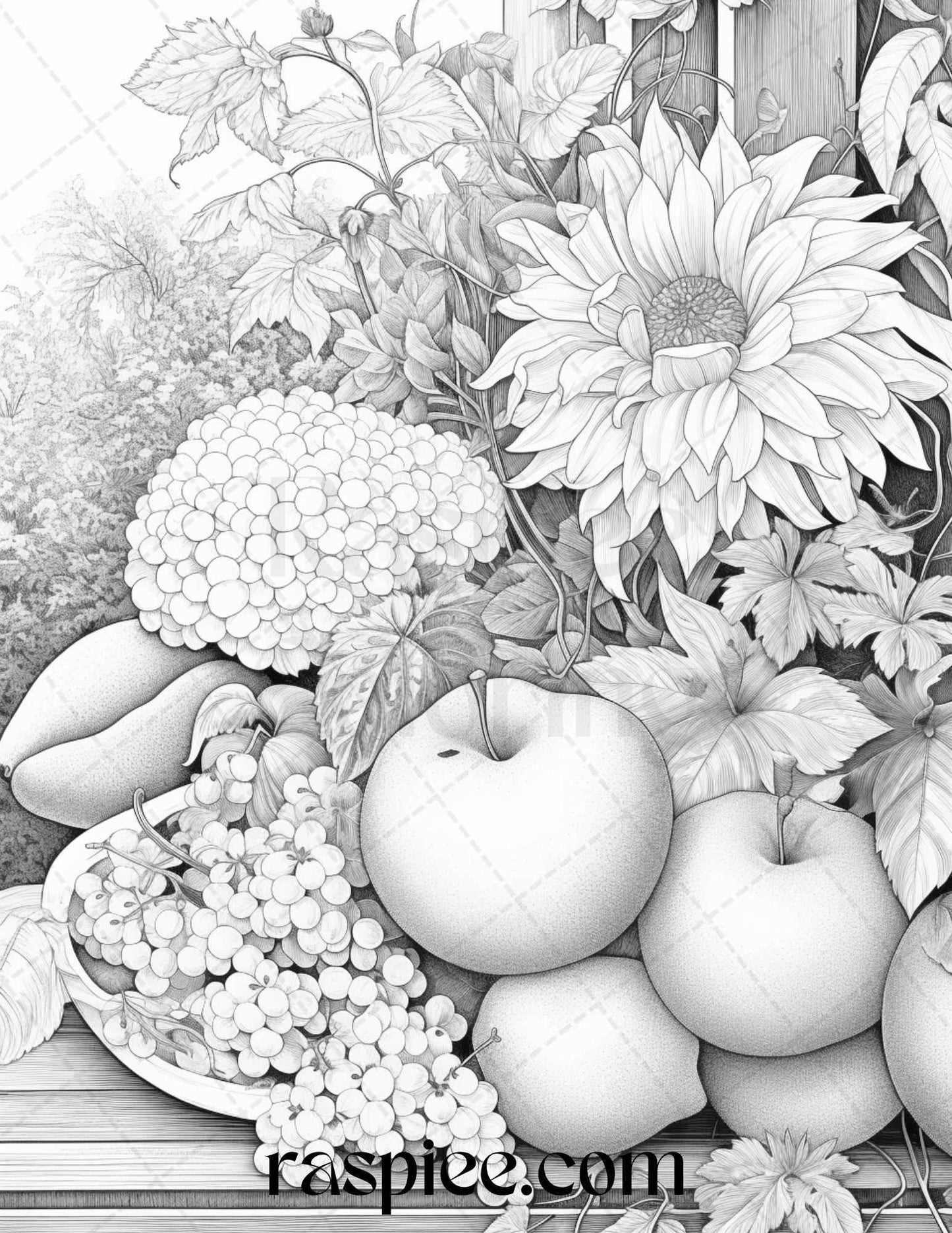Relaxing Fruit Garden Grayscale Coloring Pages Printable for Adults, PDF File Instant Download