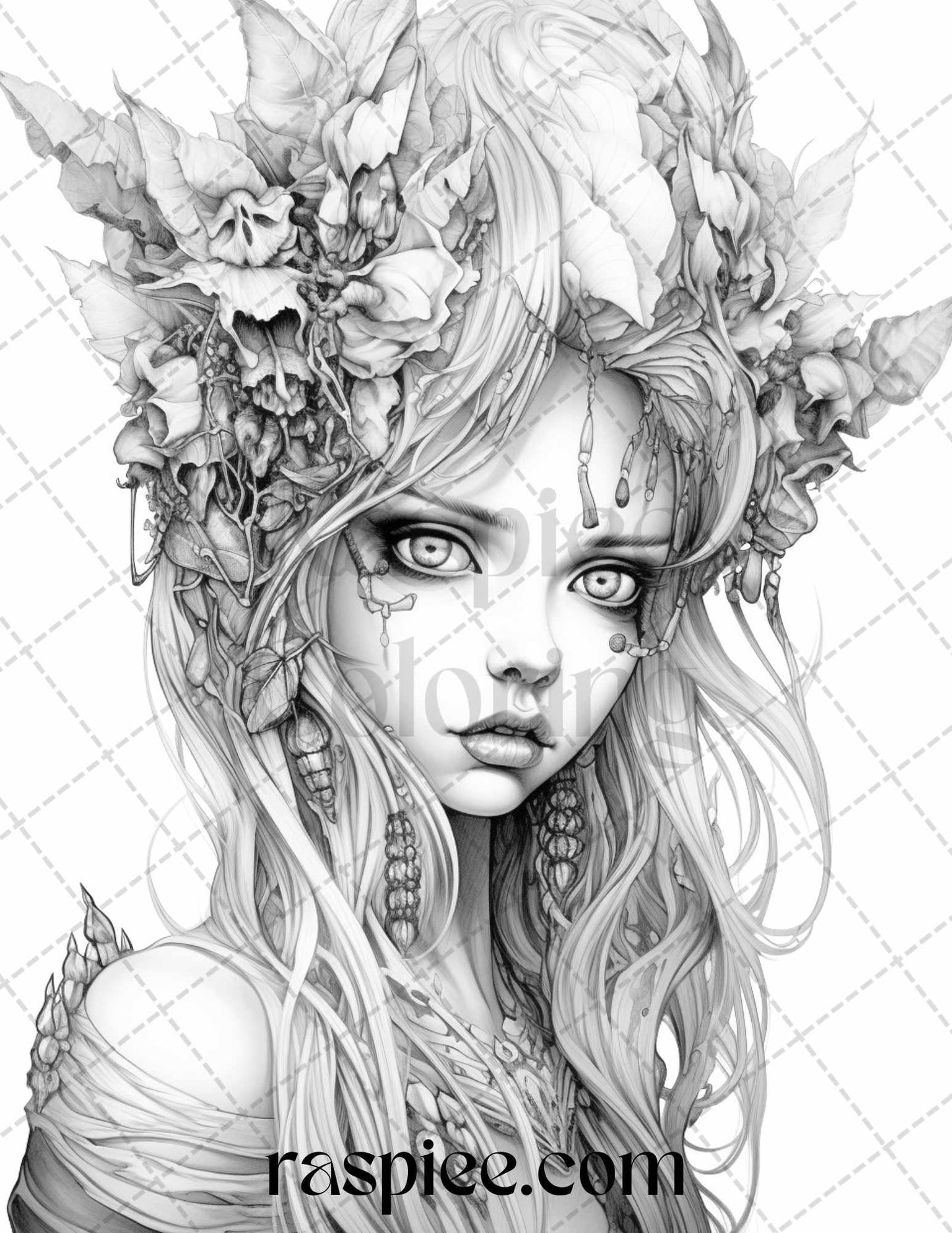 60 Halloween Zombie Fairy Grayscale Coloring Pages Printable for Adults, PDF File Instant Download