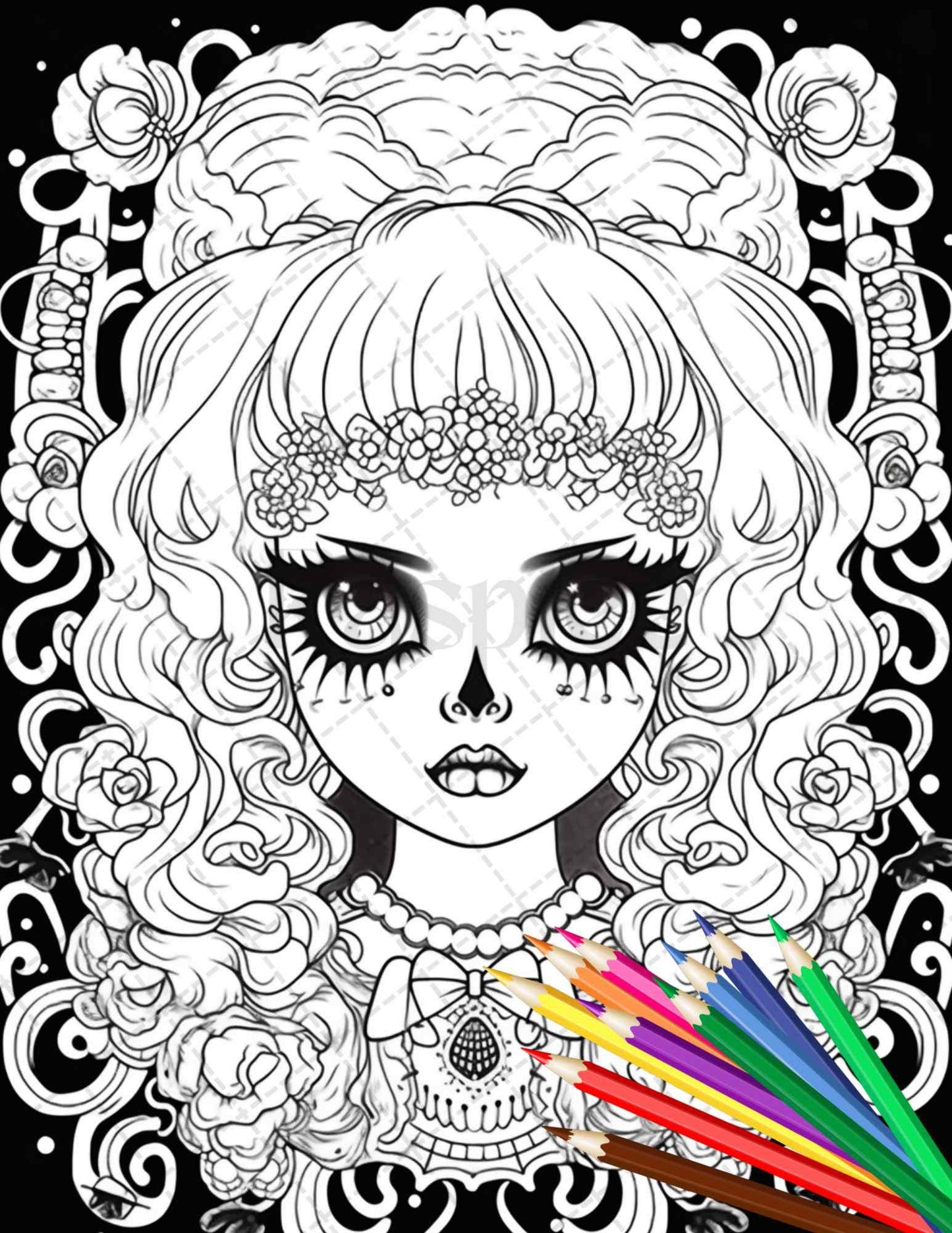 32 Creepy Kawaii Pastel Goth Coloring Pages Printable for Adults, Grayscale Coloring Page, PDF File Instant Download