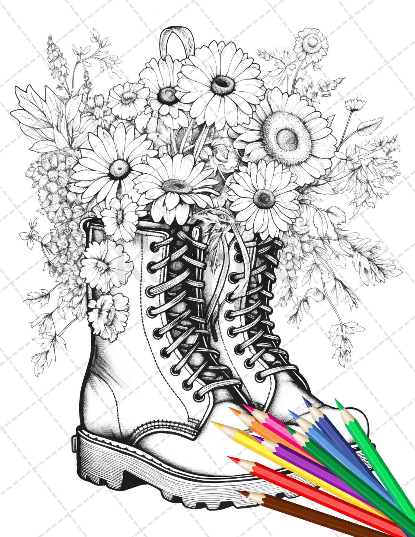 32 Flower Boots Coloring Pages Printable for Adults, Floral Grayscale Coloring Page, PDF File Instant Download