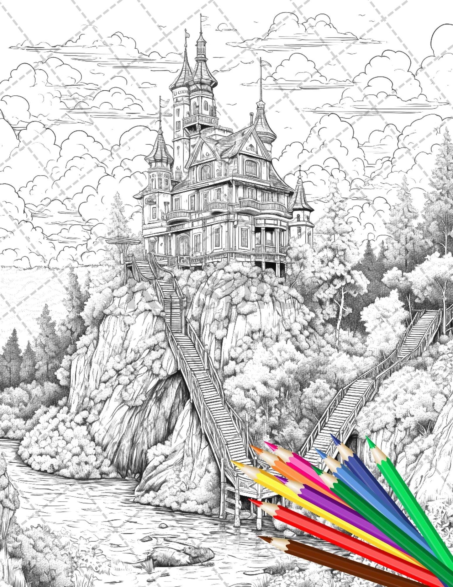 122 Fantasy Castles Coloring Book for Adults, Grayscale Coloring Page, Printable PDF Instant Download