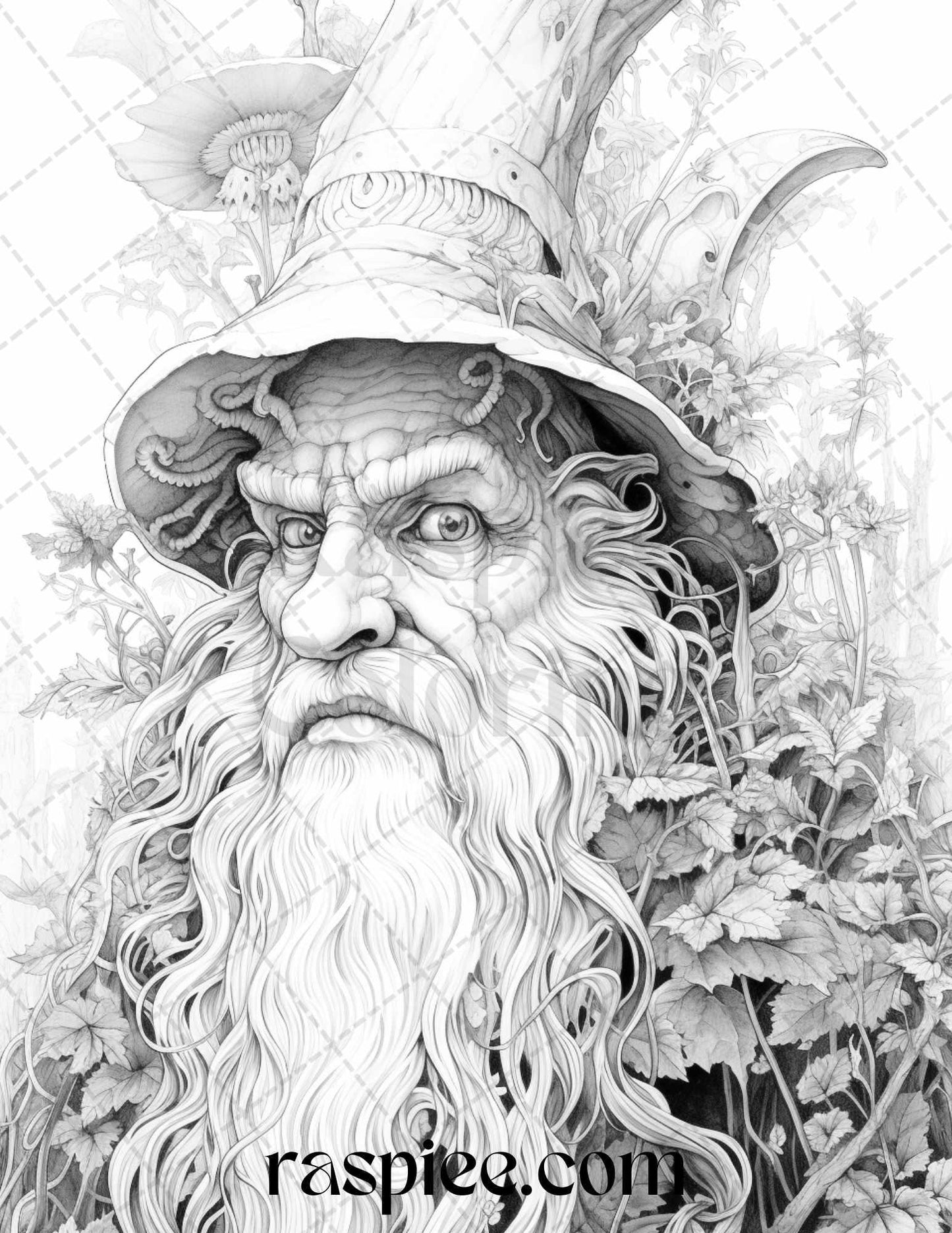 50 Magical Wizard Grayscale Coloring Pages for Adults, Printable PDF File Instant Download