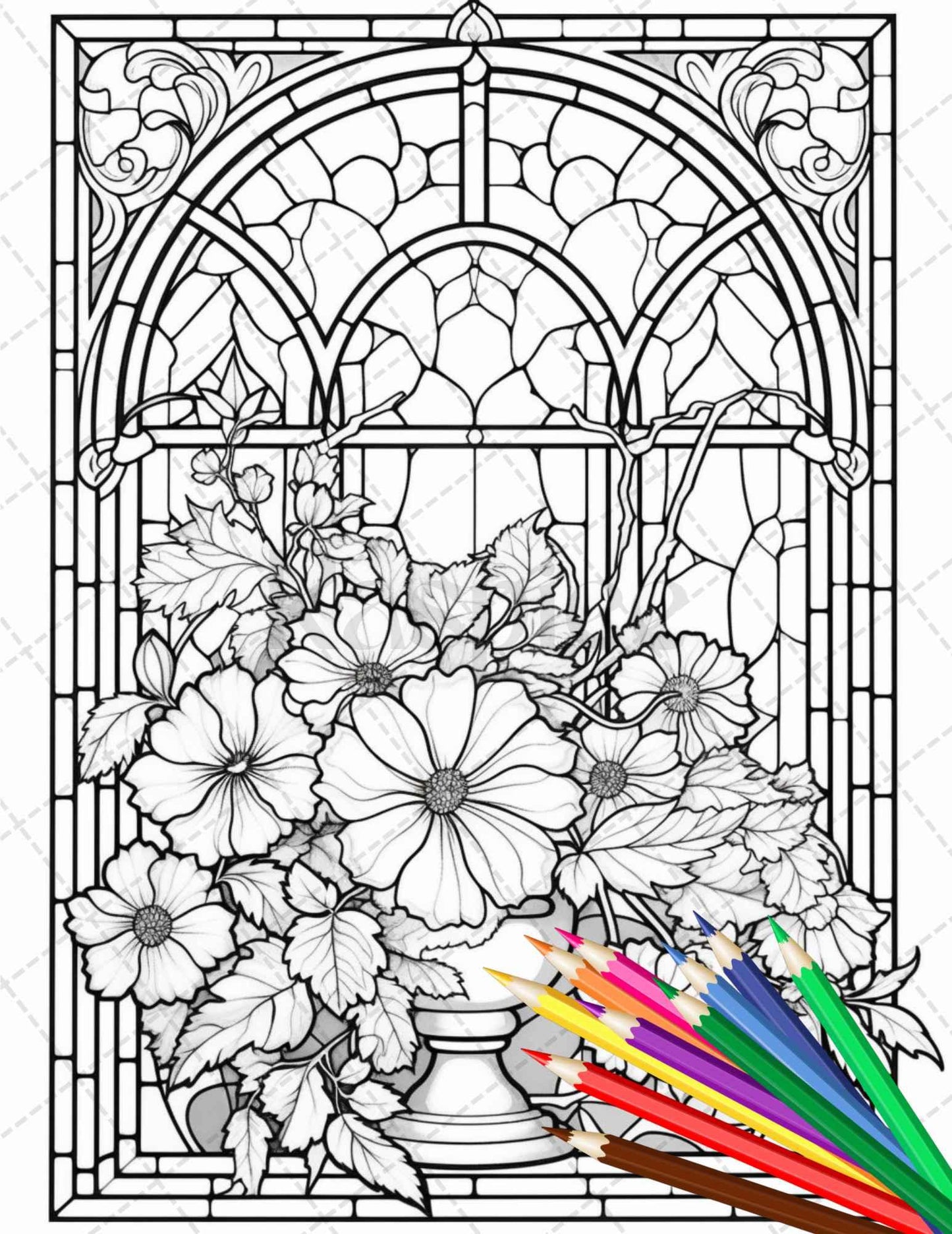 30 Stained Glass Flowers Grayscale Coloring Pages Printable for Adults, PDF File Instant Download