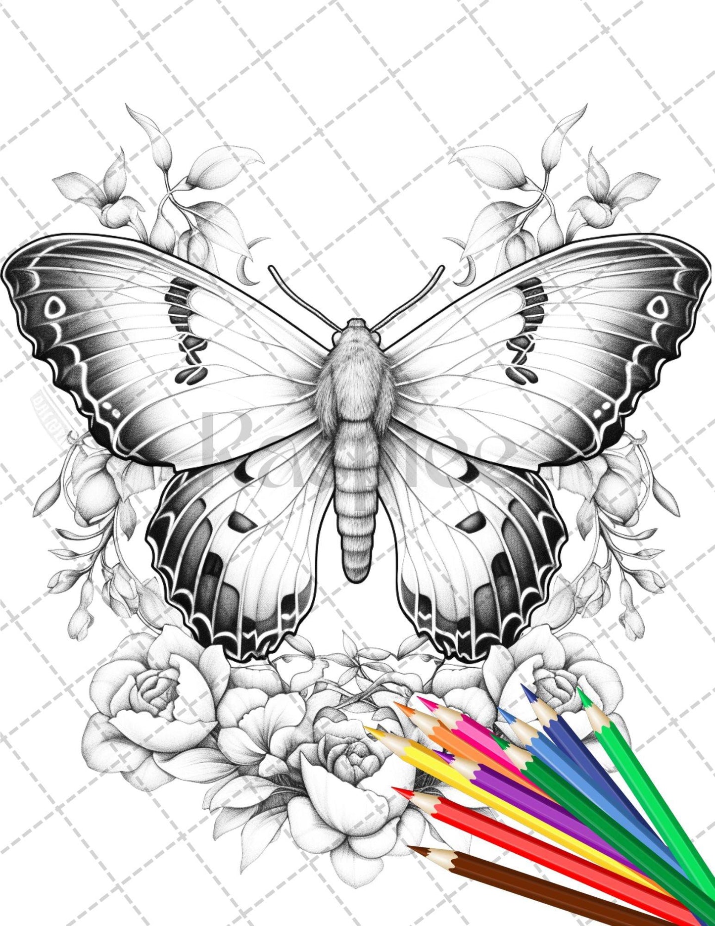 32 Beautiful Moths and Floral Coloring Book for Adults, Grayscale Coloring Page, Printable PDF Instant Download