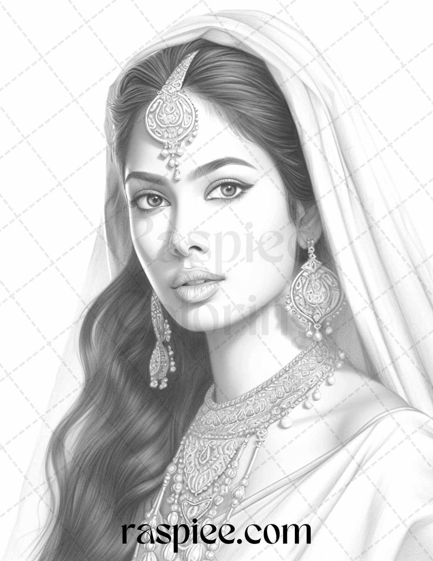 50 Beautiful Indian Women Grayscale Coloring Pages for Adults, Printable PDF File Instant Download