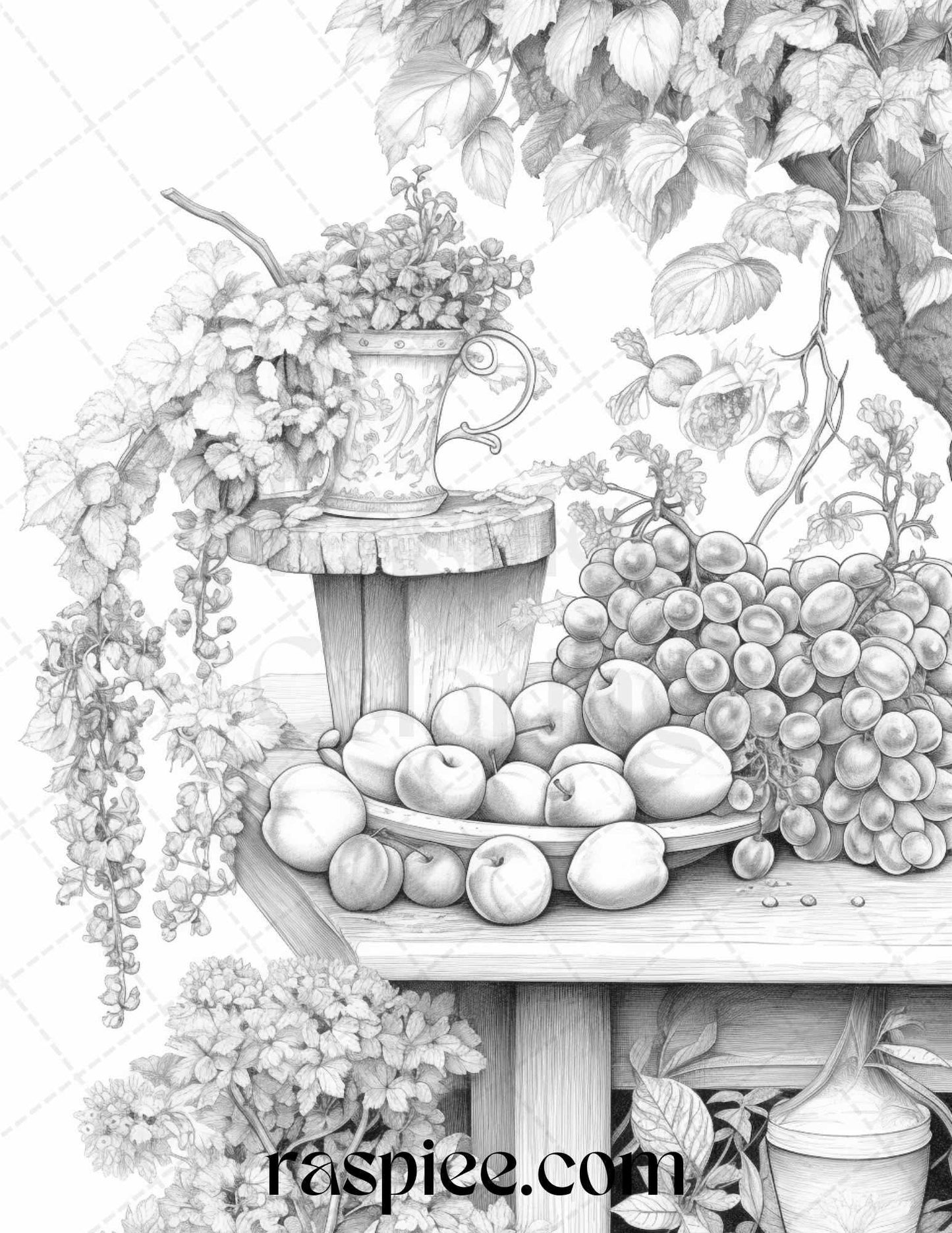 Relaxing Fruit Garden Grayscale Coloring Pages Printable for Adults, PDF File Instant Download
