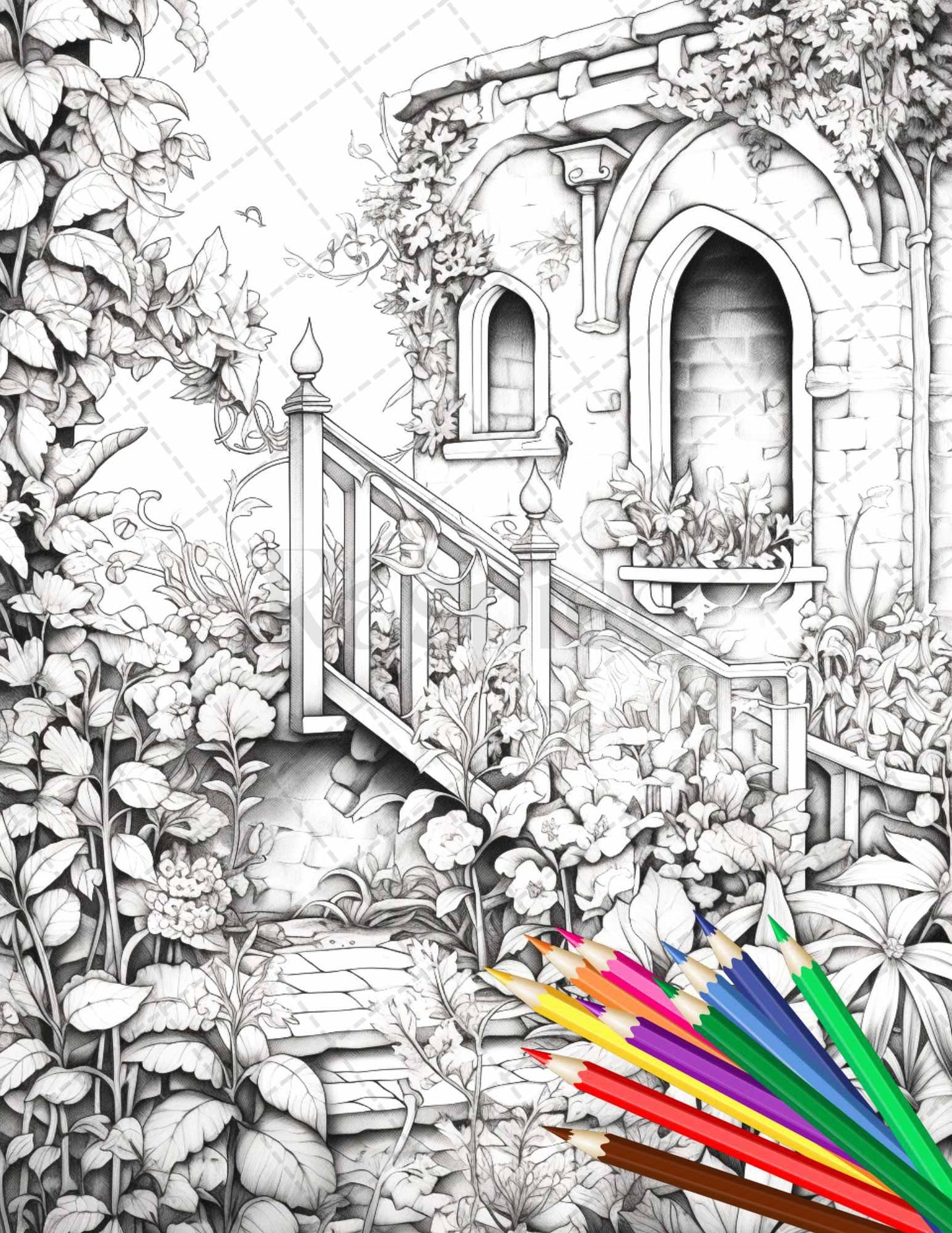 Secret Garden Coloring Pages Printable for Adults, Grayscale Coloring Page, PDF File Instant Download