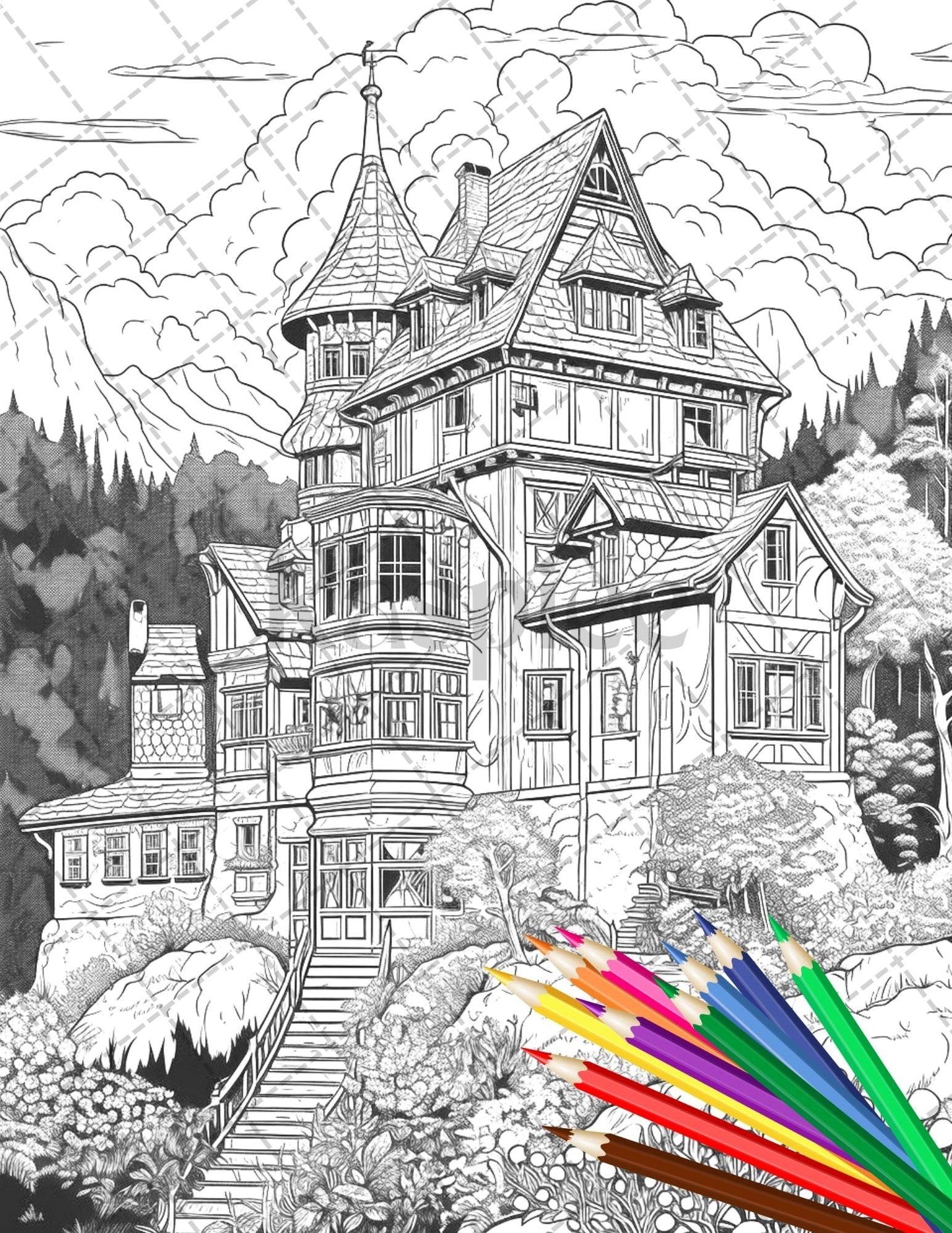 122 Fantasy Castles Coloring Book for Adults, Grayscale Coloring Page, Printable PDF Instant Download