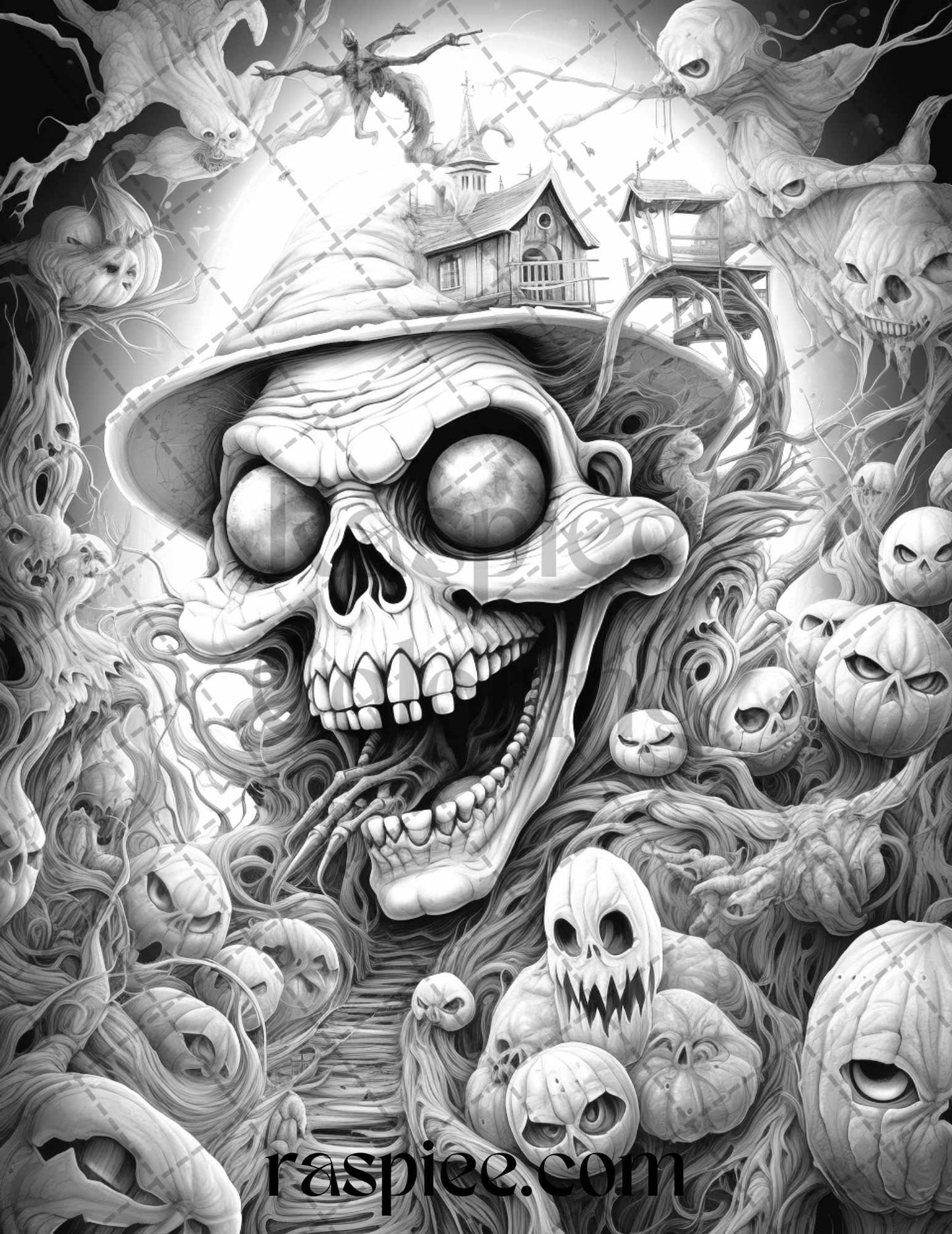 60 Halloween Nightmare Grayscale Coloring Pages Printable for Adults, PDF File Instant Download