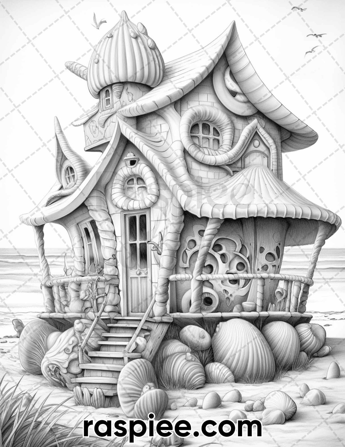50 Seashell Houses Grayscale Adult Coloring Pages, Printable PDF Instant Download